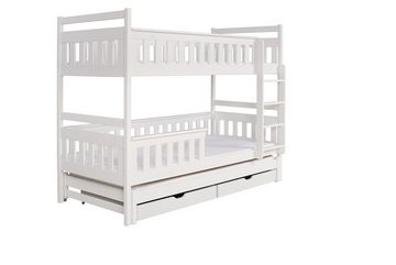 Deine Möbel 24 Etagenbett Hochbett KEV für 3 Kinder 90x200 Weiß (Vollholz massiv, mit Rausfallschutz, Lattenrost und 2 Schubladen), in 2 Betten umbaubar, aus Kiefernholz