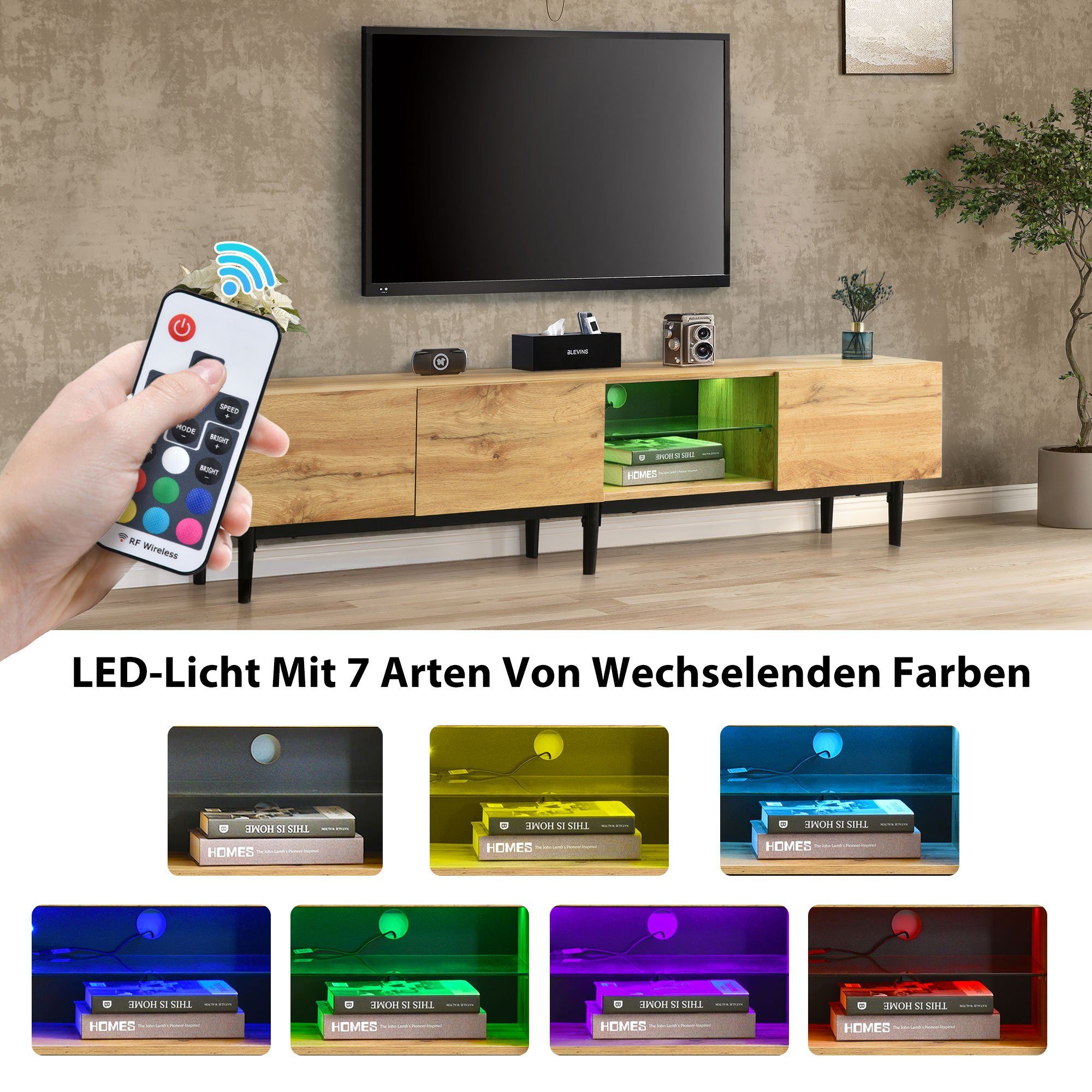 Farben 4 Natur Board Holzmaserung 3 TV-Schrank TV Fächer 175x31x41 7 Odikalo LED Türen