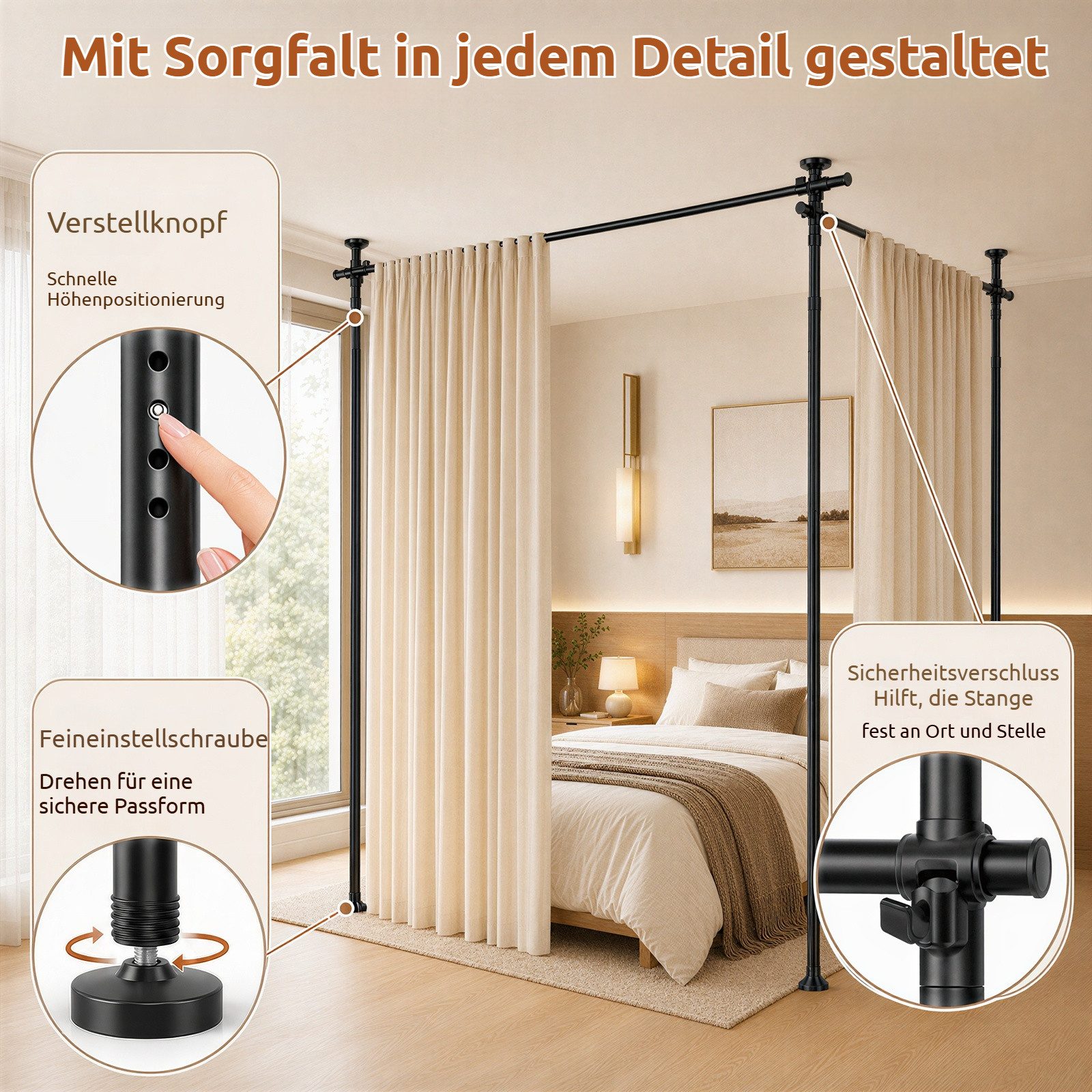 BlingBin Raumteiler Bohrfreier Raumteiler Spannstange, verstellbares Raumtrenn‑Spannsystem, 3‑vertikal 2‑horizontal, ohne Vorhang,Höhe 110‑300 cm,Breite 183‑508 – Bild 5 von 5