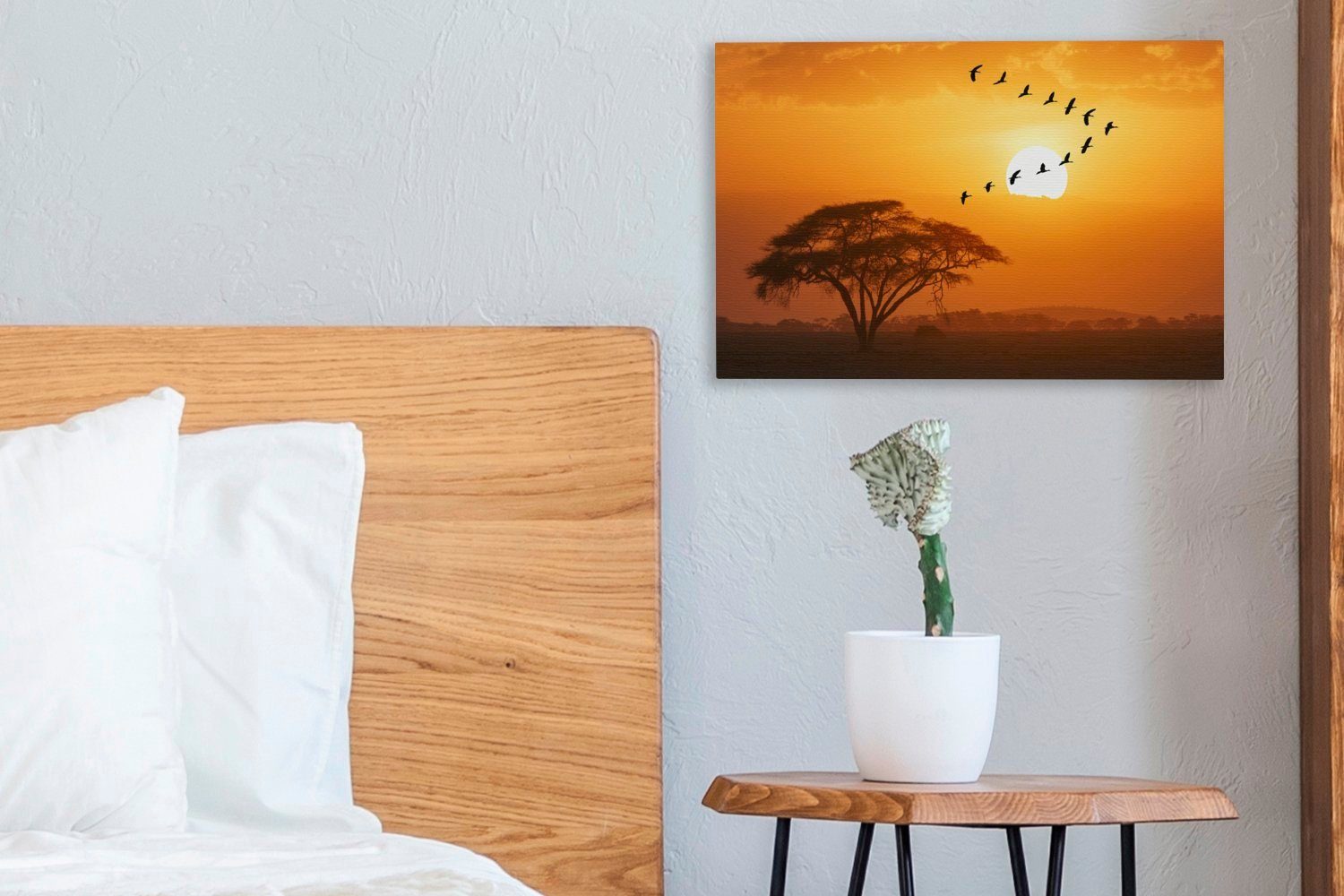 bei Wanddeko, Nilgänse Aufhängefertig, Leinwandbild in, Sonnenuntergang Wandbild cm Ein in Schwarm 30x20 V-Formation OneMillionCanvasses® St), (1 Leinwandbilder, fliegt