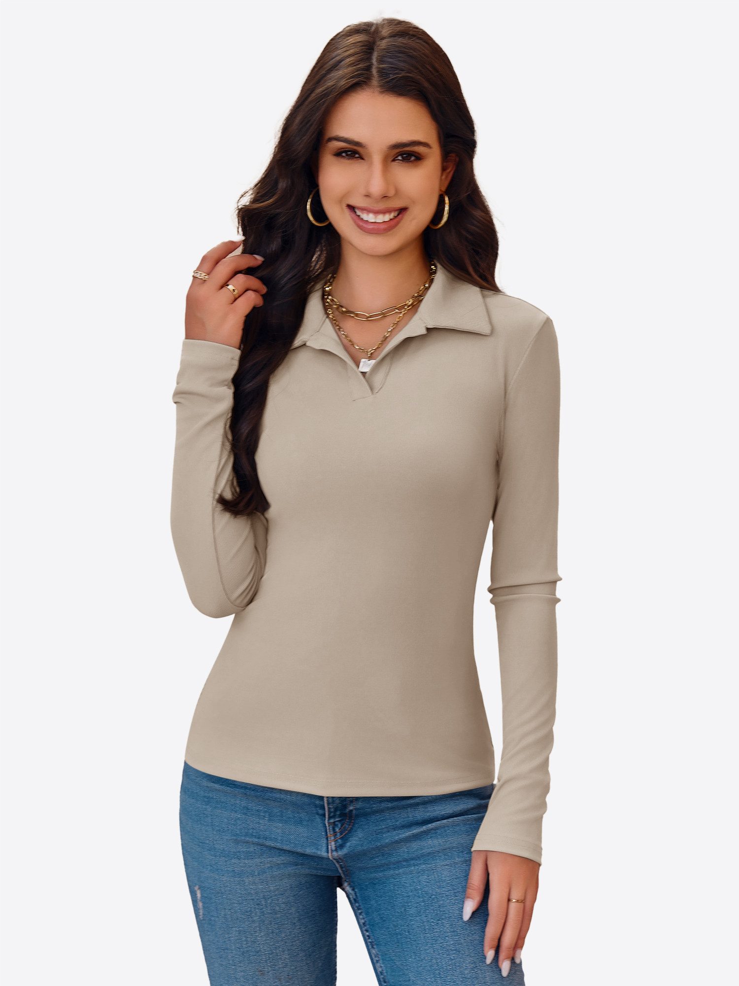Imily Bela Poloshirt Damen Langärmliges Top mit aus Rippstrick (Packung, 1- günstig online kaufen