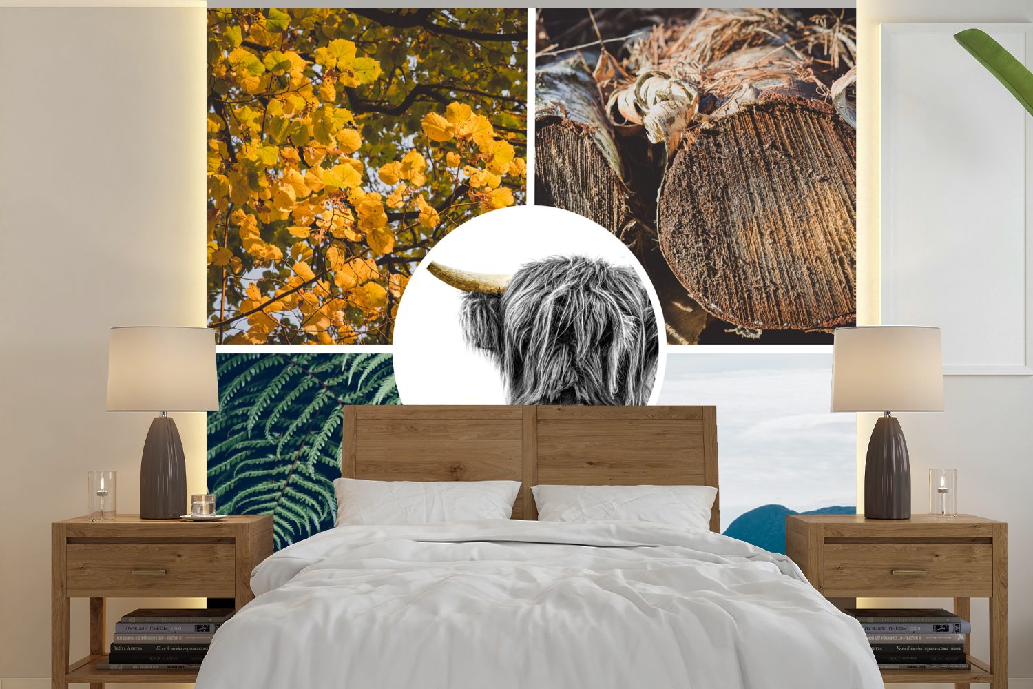 MuchoWow Fototapete Schottische Highlander - Collage - Pflanzen - Baum, Matt, bedruckt, (5 St), Vinyl Tapete für Wohnzimmer oder Schlafzimmer, Wandtapete