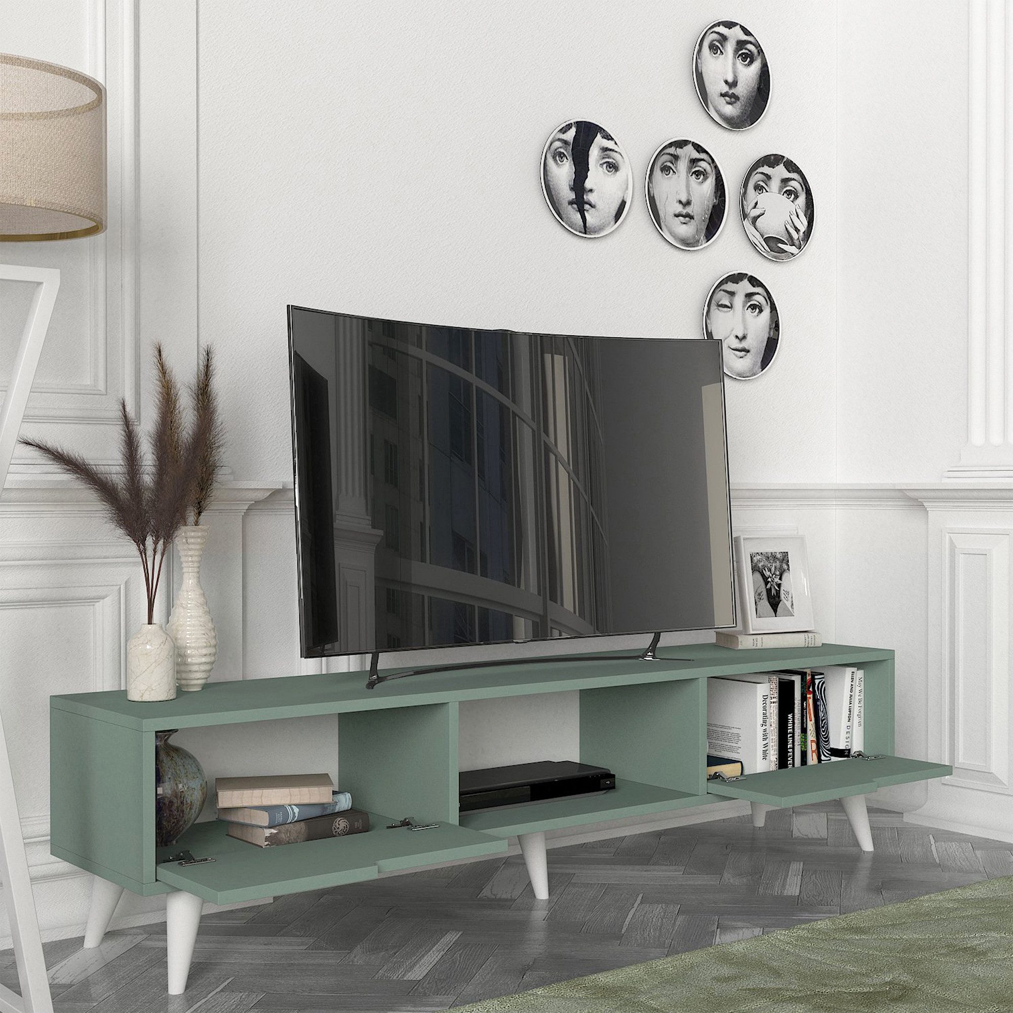 en.casa TV-Schrank »Kullila« mit 2 Türen 160 x 35 x 40 cm Grün/Weiß