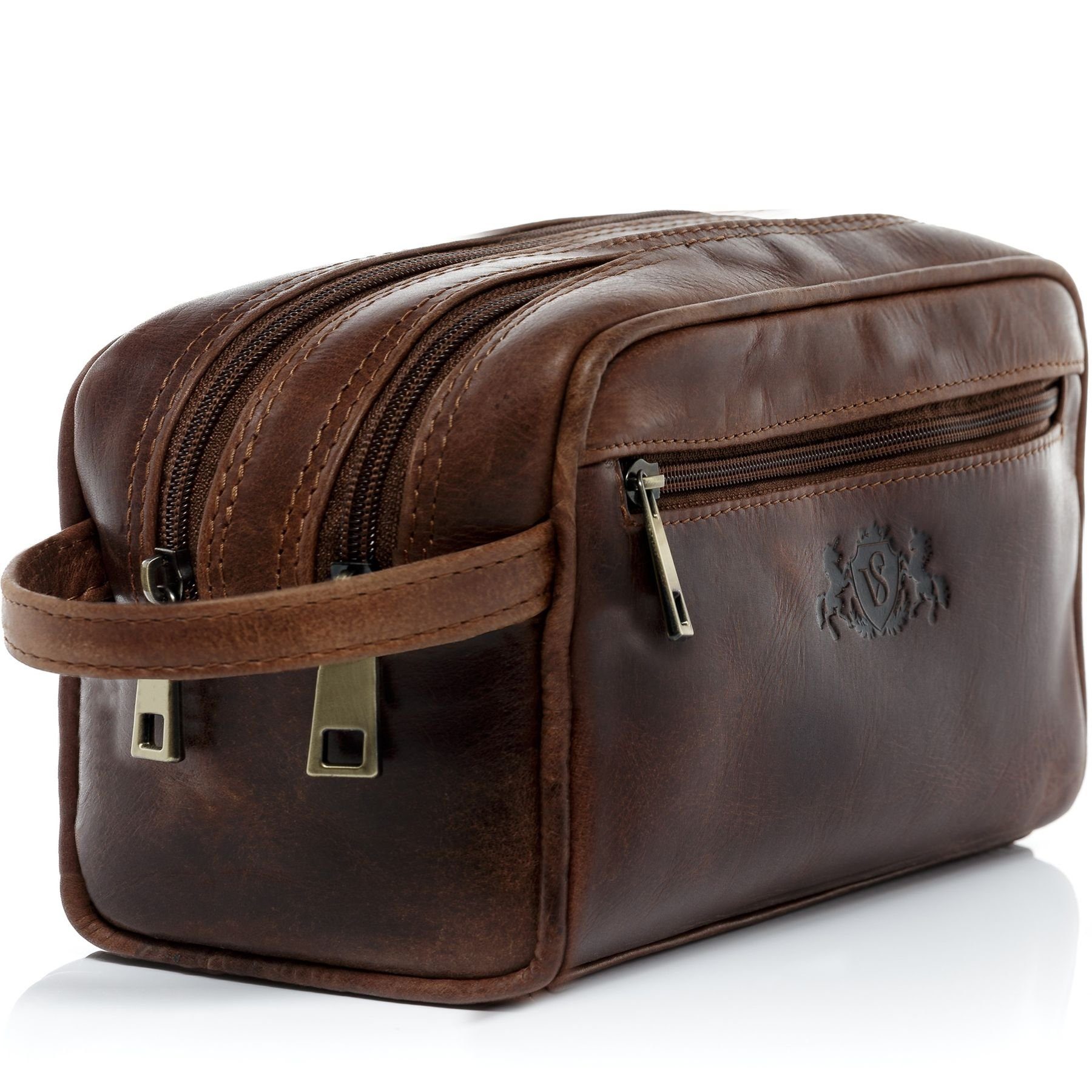 SID & VAIN Kulturbeutel Leder Kulturtasche Unisex GATWICK, Waschbeutel Echtleder für Damen & Herren, Kosmetiktasche braun-cognac