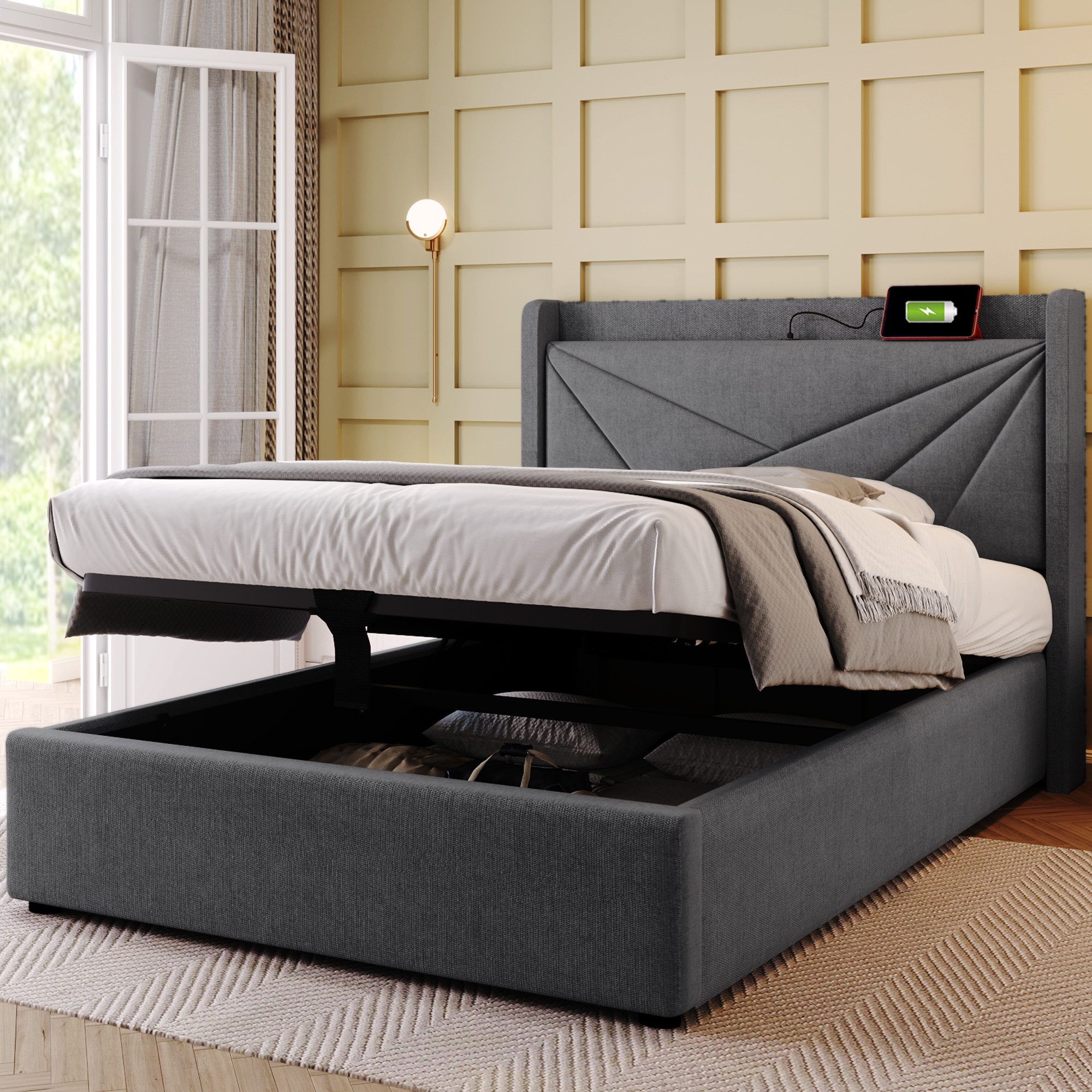 TavilaEcon Boxspringbett mit Bettkasten und USB Typ C, Größe wählbar von 140 bis 180 ×200 cm, 140x200cm, aus Leinenmaterial, Grau – Bild 4 von 5