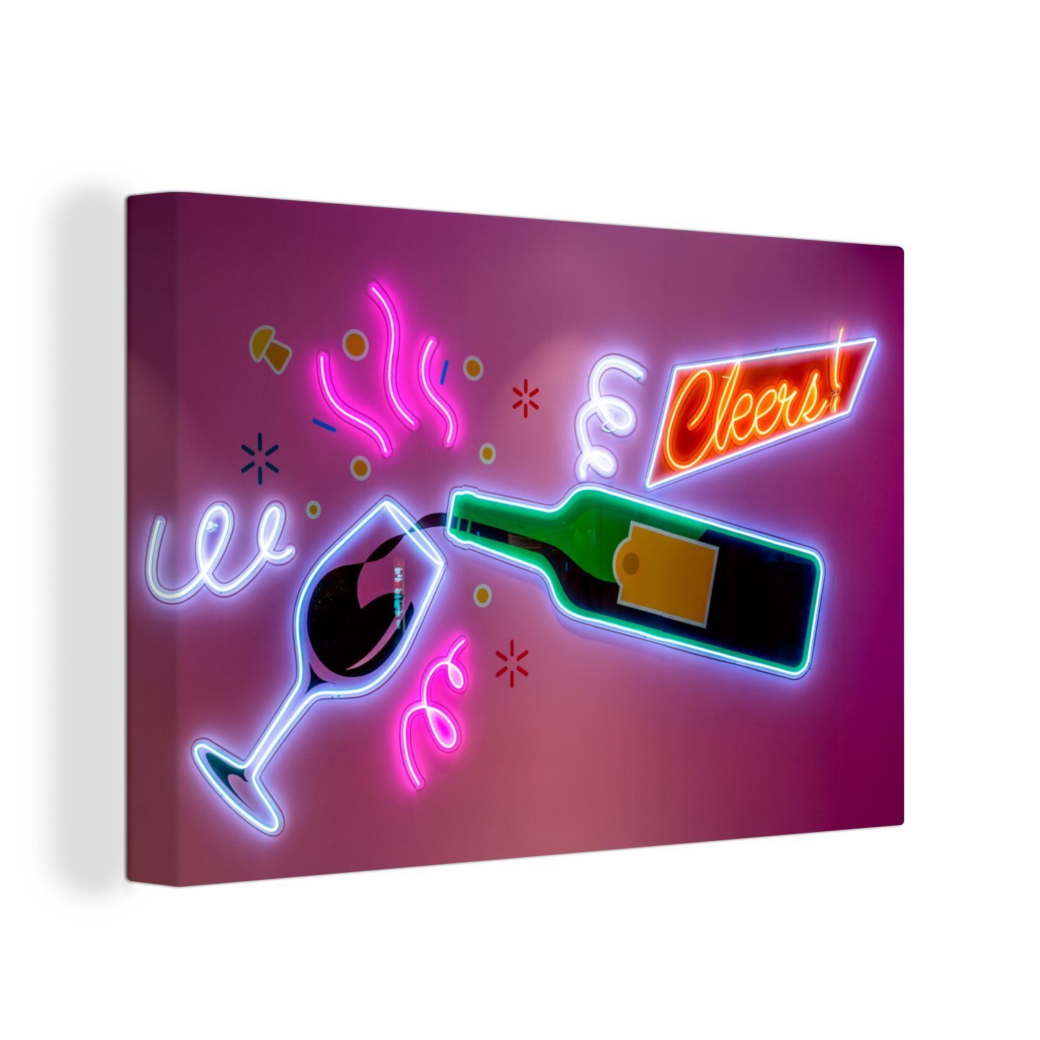 OneMillionCanvasses® Leinwandbild Neon-Weinflasche mit Glas, (1 St), Wandbild Leinwandbilder, Aufhängefertig, Wanddeko, 30x20 cm