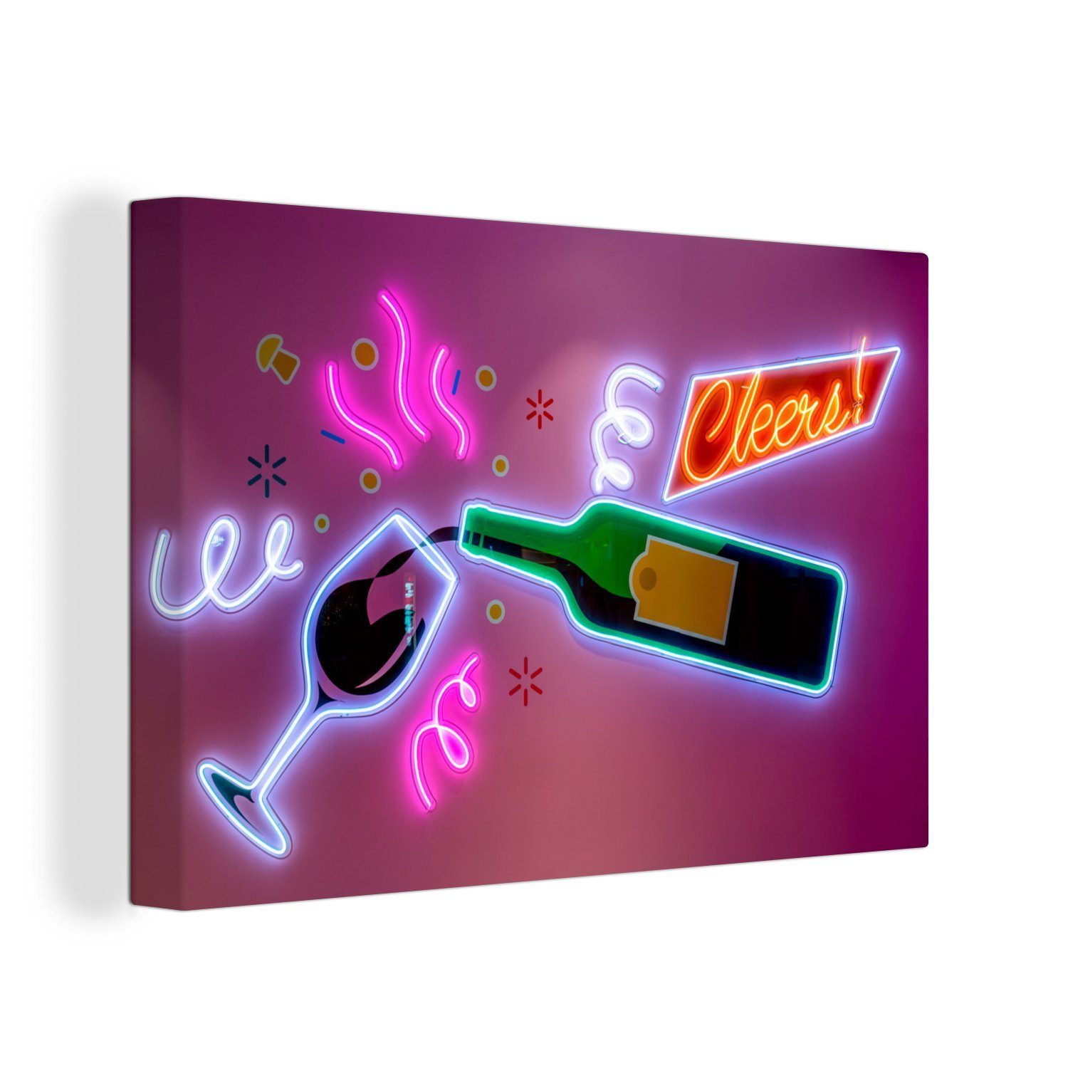 OneMillionCanvasses® Leinwandbild Neon-Weinflasche mit Glas, (1 cm Aufhängefertig, Leinwandbilder, Wandbild Wanddeko, 30x20 St)