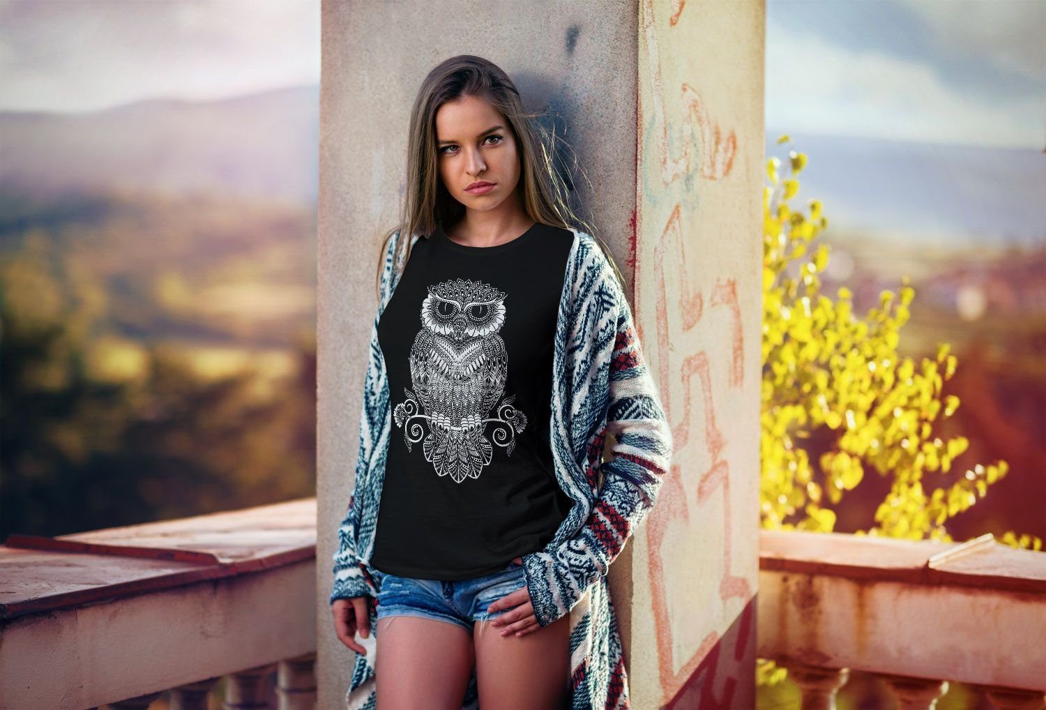 Neverless Print-Shirt Damen T-Shirt Eule Mandala Zentangle Owl SlimFit tail günstig online kaufen