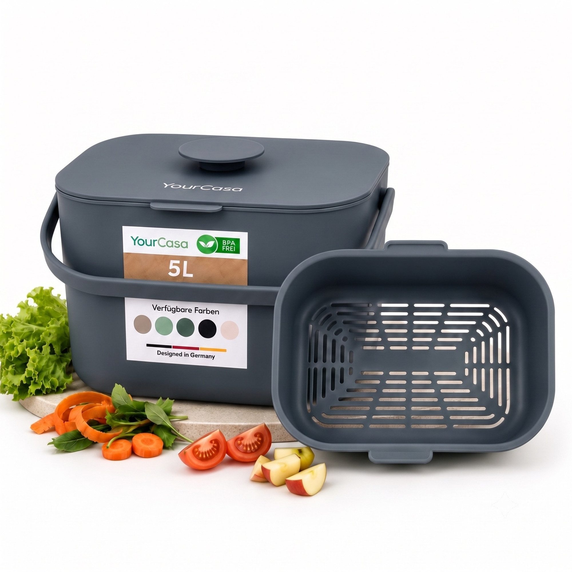 YourCasa Biomülleimer Küche 5L - Komposteimer Küche mit Sieb Spülmaschinenfest, Fassungsvermögen 5L, Spülmaschinenfest