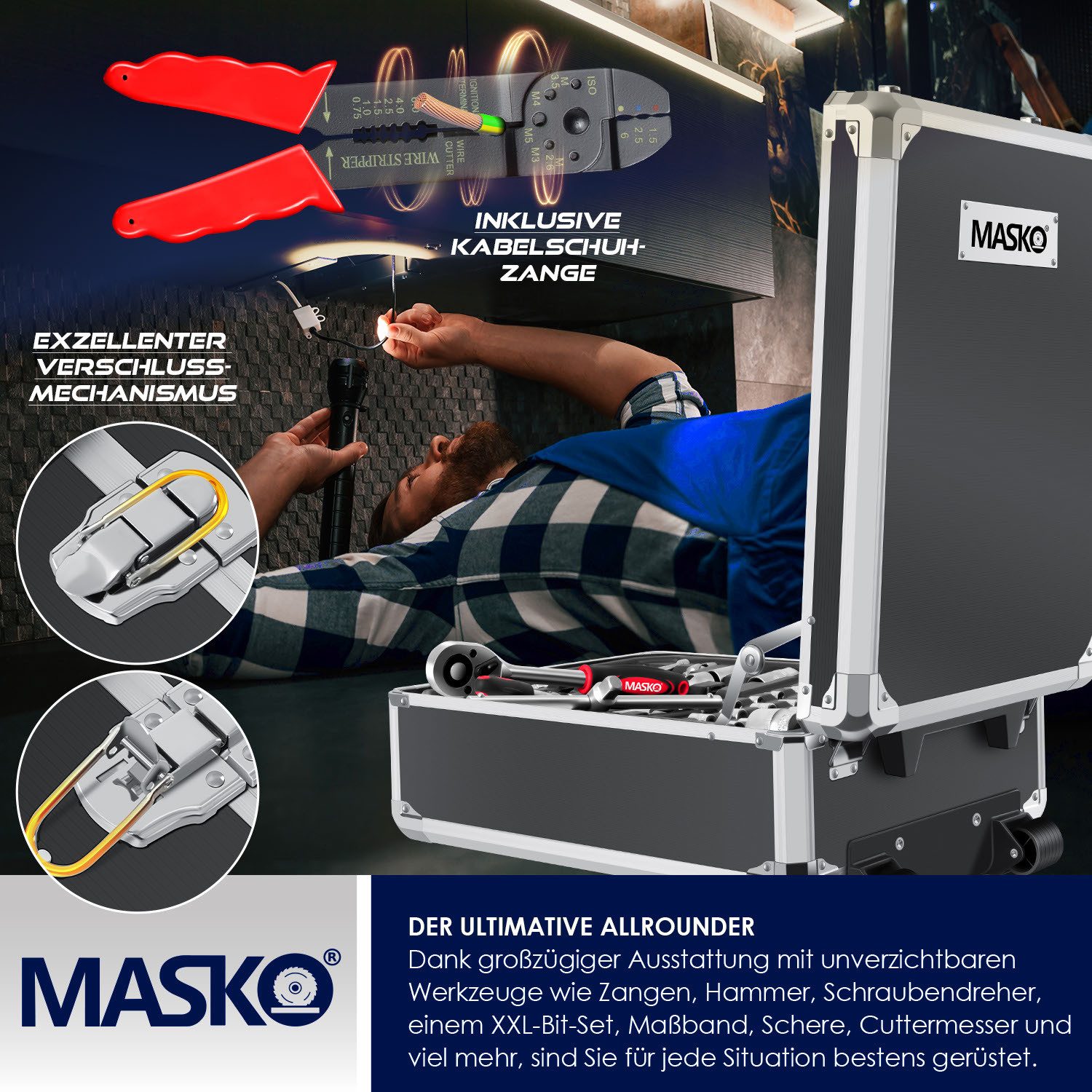 MASKO Werkzeugtrolley Werkzeugkoffer 1400-teilig, Werkzeugkasten aus Aluminium mit Rollen (gefüllte Werkzeugkiste mit Profi-Werkzeugset aus 1.400 Einzelteilen), – Bild 5 von 5