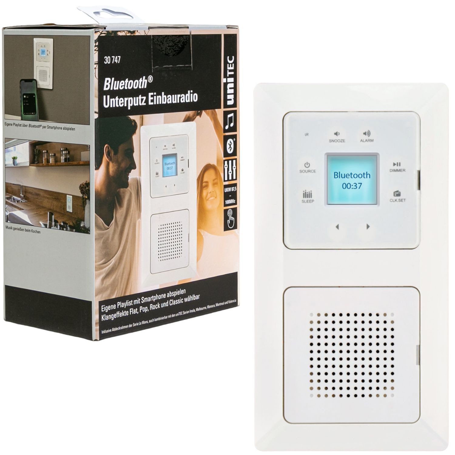 UNITEC UP Radio Touch Bluetooth Uhr Wecker Unterputz Steckdosen-Radio (FM-Tuner, Timer Fernbedienung Display Weckfunktion Touchfunktion Klangeffekte)