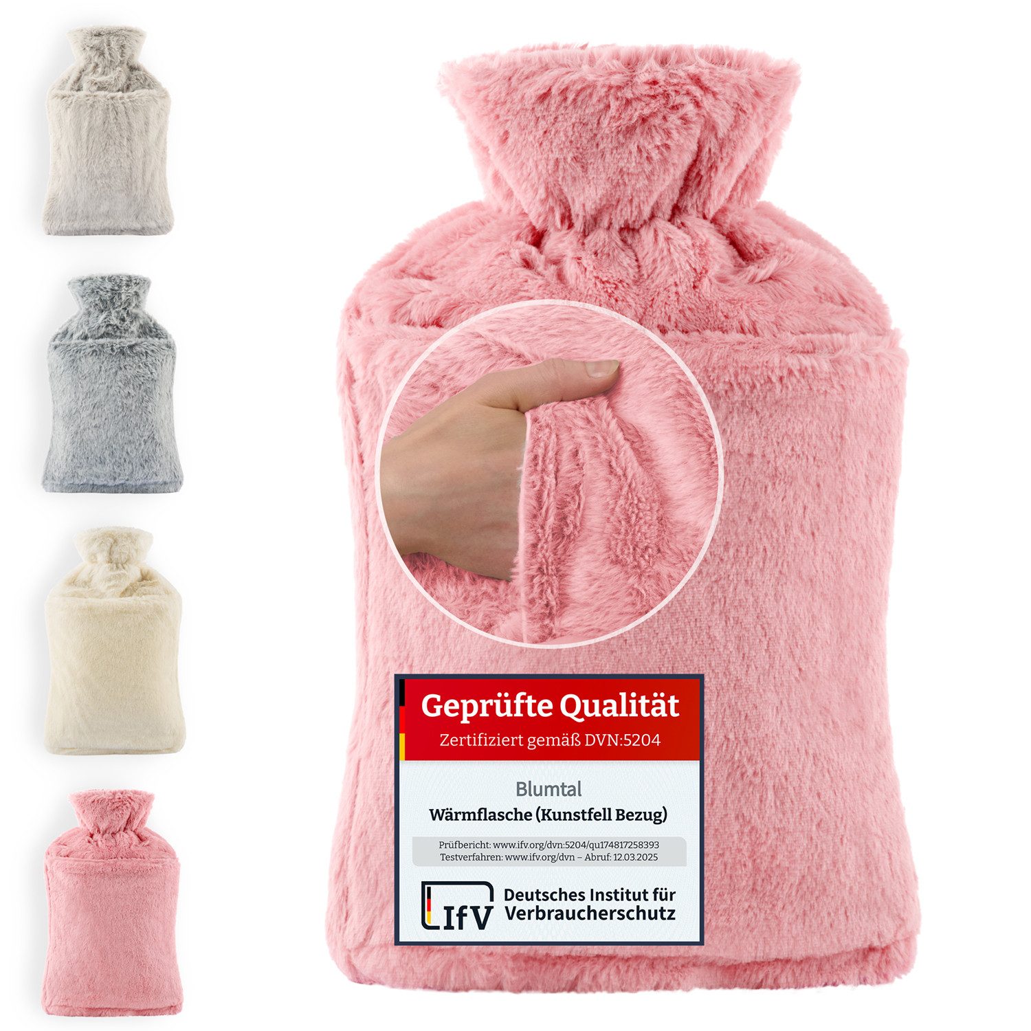 Blumtal Wärmflasche Premium Wärmflasche mit Bezug & Tasche aus weichem Kunstfell, (Auslaufsichere Flasche aus Naturkautschuk für Kinder und Erwachsene), Wärmeflasche aus Naturkautschuk und Handwärmer