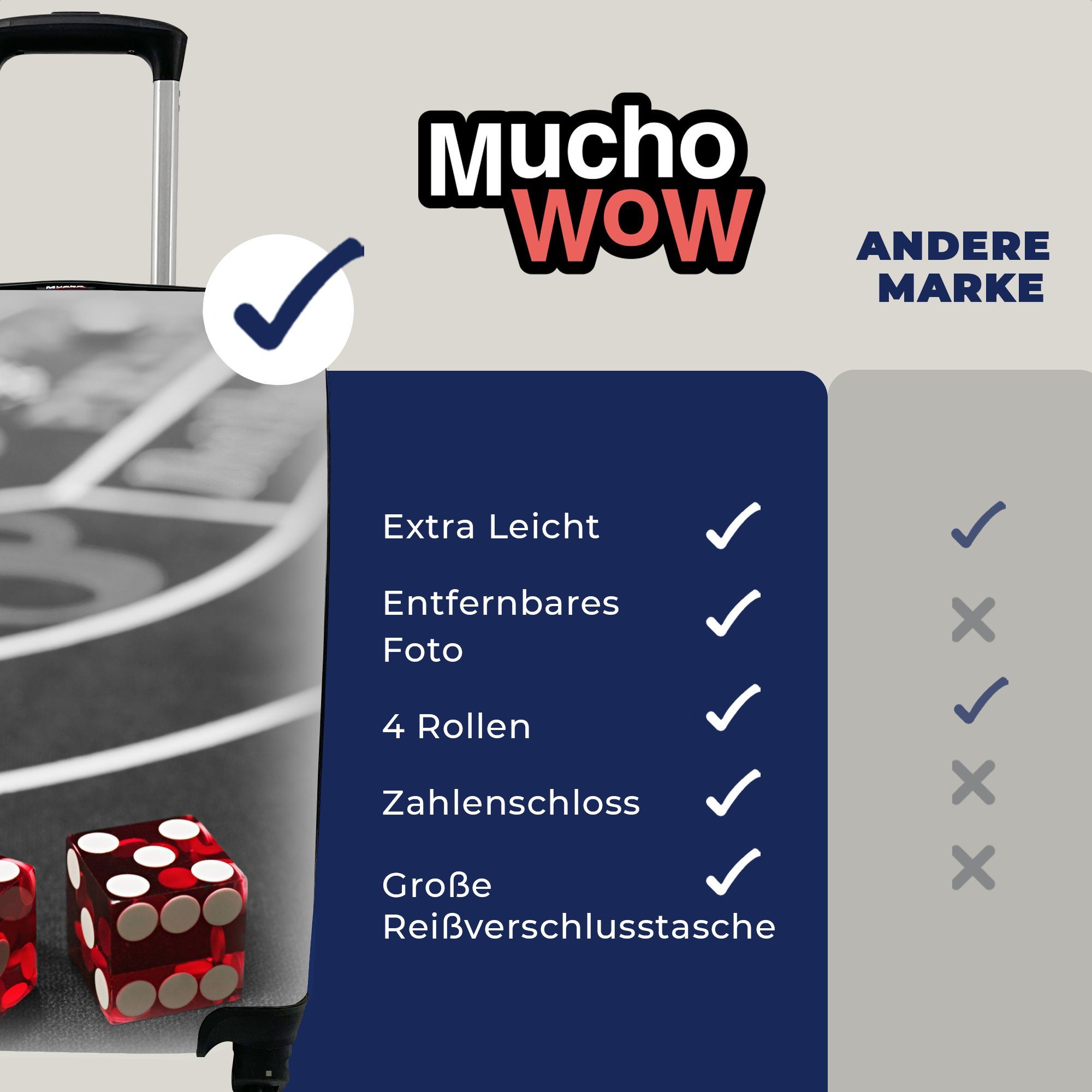 Rollen, mit MuchoWow roten von Reisekoffer Reisetasche mit Handgepäck rollen, für Pokertisch Ferien, 4 einem Trolley, Ein Handgepäckkoffer Würfeln, Schwarz-Weiß-Foto