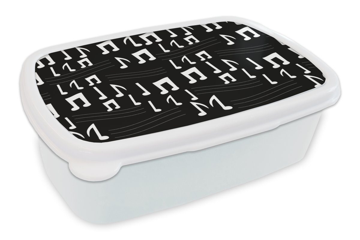 MuchoWow Lunchbox Musik - Schwarz und Weiß - Muster, Kunststoff, (2-tlg), Brotbox für Kinder und Erwachsene, Brotdose, für Jungs und Mädchen
