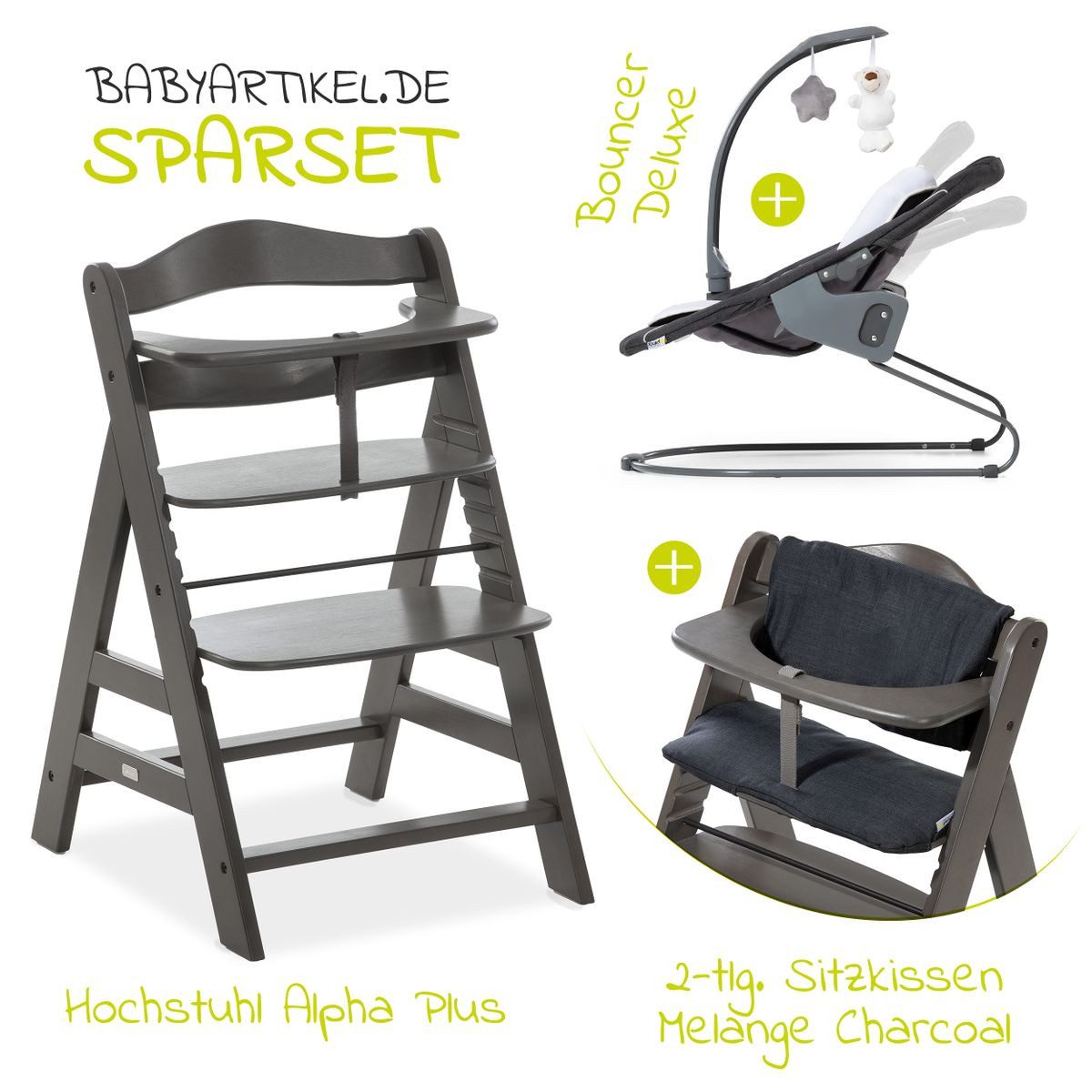 Hauck Hochstuhl Alpha Plus Charcoal - Newborn Set Deluxe (Set, 4 St), Holz günstig online kaufen