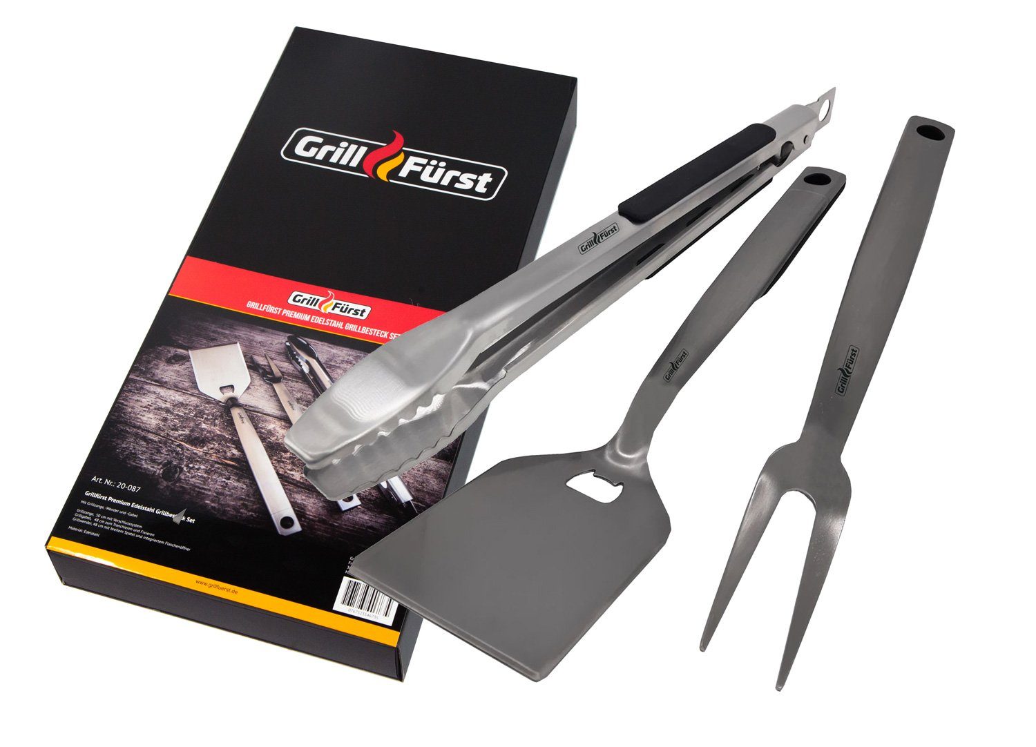 Grillfürst Grillbesteck-Set Grillfürst Premium Edelstahl Grillbesteck Set mit Grillzange, -Wender und -Gabel in Geschenkverpackung