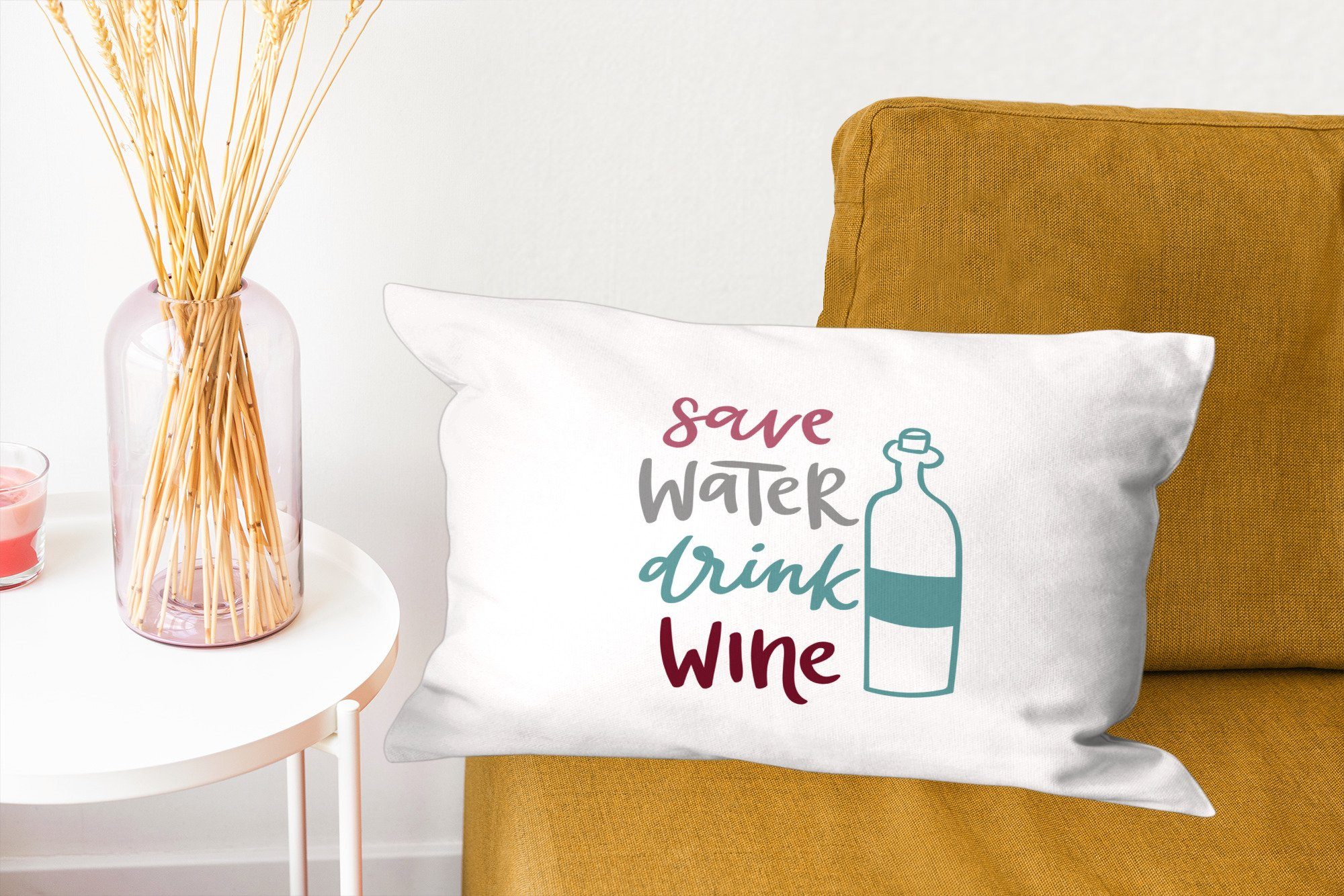 MuchoWow Dekokissen Wein sparen, "Wasser Schlafzimmer trinken" Füllung, Wohzimmer Dekokissen Zitat Hintergrund, auf mit weißem Zierkissen, Dekoration