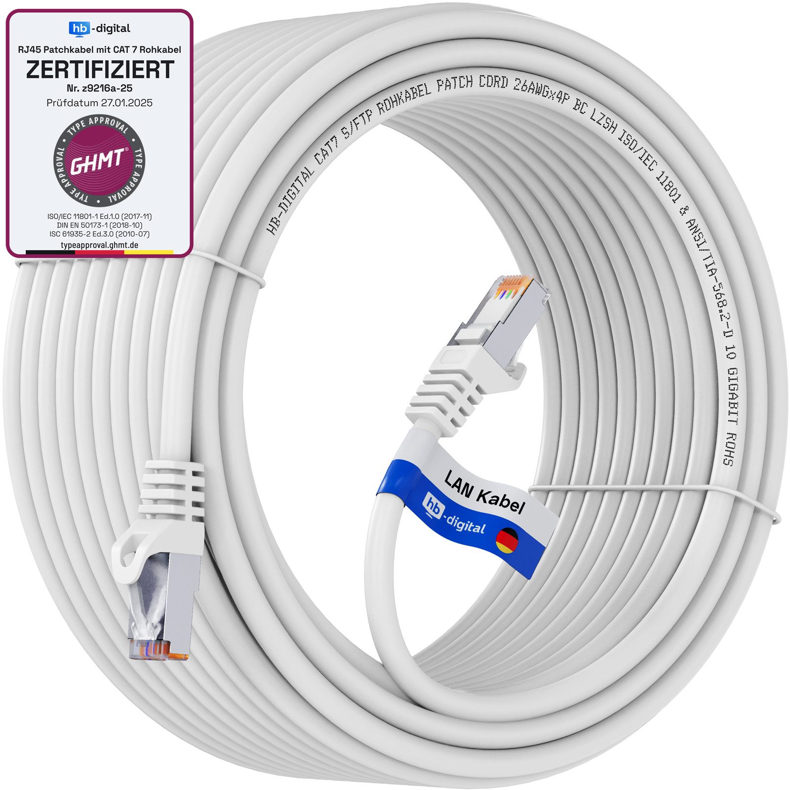HB-DIGITAL Patchkabel CAT.7 Rohkabel LAN Kabel Cat7 S/FTP PiMF LSZH Netzwerkkabel, Netzwerkstecker, RJ-45 (2000 cm), Kontaktoberfläche: Pins Vergoldet 50µ