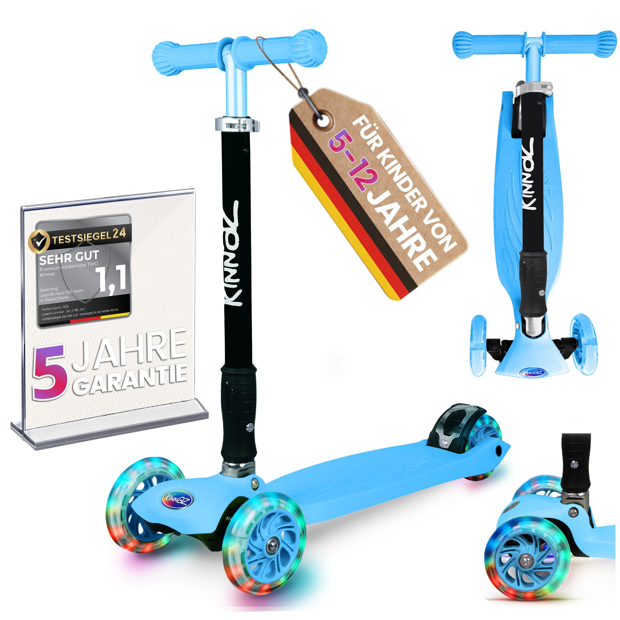 KINNAZ Dreiradscooter ab 5 Jahre, LED Räder, Höhe flexibel, faltbar, Roller Scooter Garantie, (Kinderroller, Kinnaz Two), faltbar, höhenverstellbar, LED Räder, Ersatzteilservice, aus Hamburg