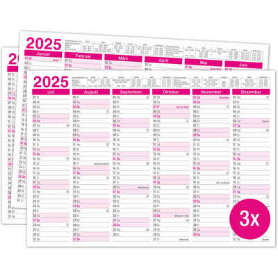 TOBJA Wandkalender Kalender 2025 A4 Pink 3er Set Tafelkalender, Wandkalender, Jahresplaner, Schulferien, Feiertage, Kalender 2025