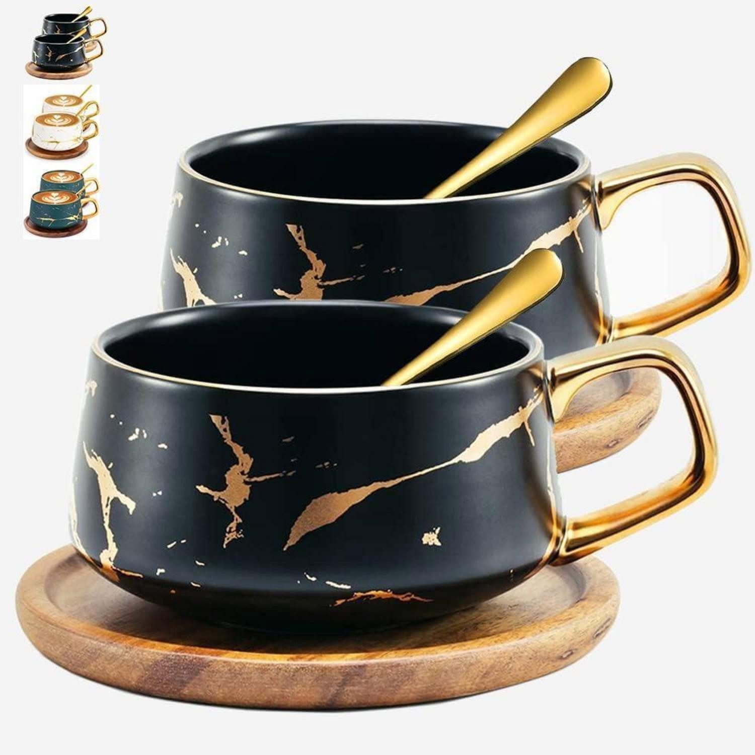 LuxusKollektion Cappuccinotasse Cappuccinotassen 2er Set 300ml Schwarz Holz, 2-tlg., Keramik