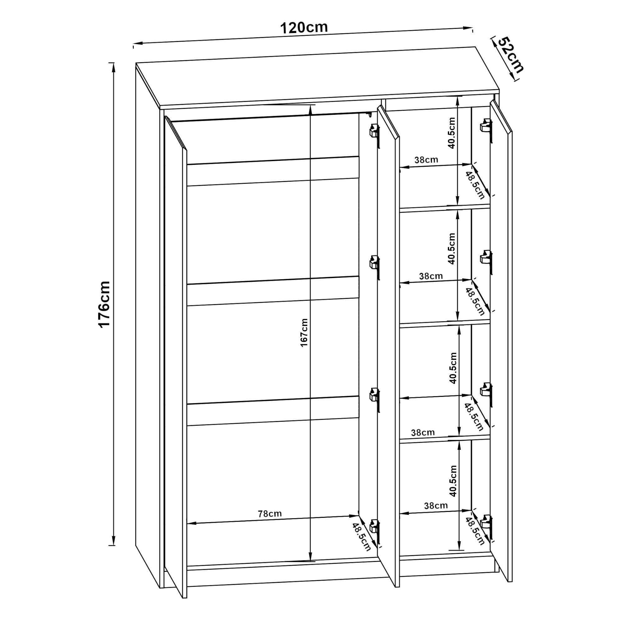 en.casa Kleiderschrank »Bastheim« 3 Türen, 1 Stange, 4 Fächer 176x120x52 cm Eiche / Weiß – Bild 4 von 5