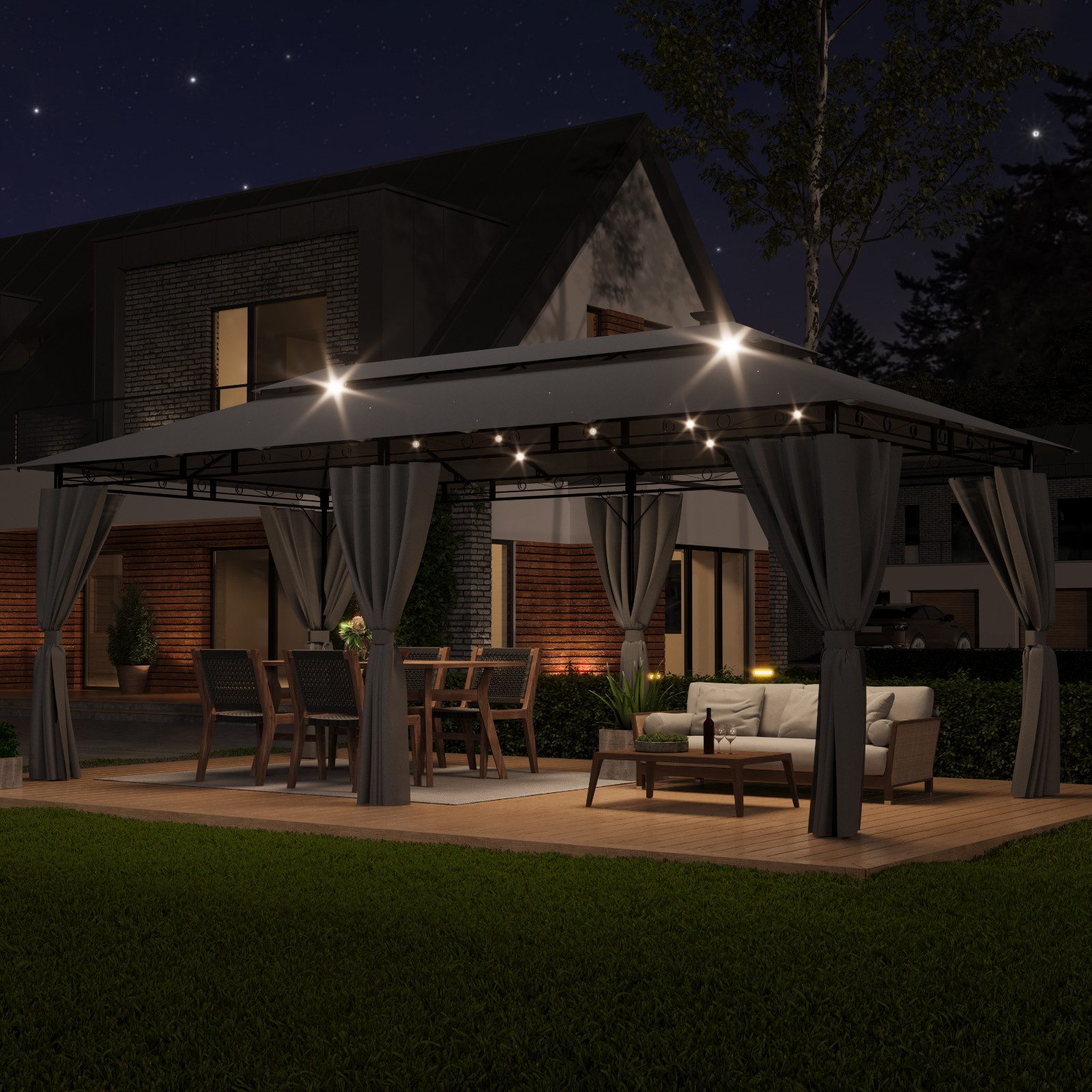 HOMALL Pavillon wetterfestes Gartenpartyzelt mit 6 Seitenwänden, mit Solar-LED, mit 6 Seitenteilen, Gartenpavillon für 10-12 Personen, Winterfest und Wasserdicht