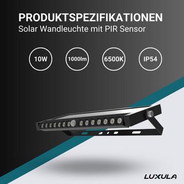 LUXULA LED Solarleuchte Solar Wandleuchte mit PIR-Sensor, 10W, 1000lm, 6500K, IP54, schwenkbar, LED fest integriert, Tageslichtweiß, kaltweiß