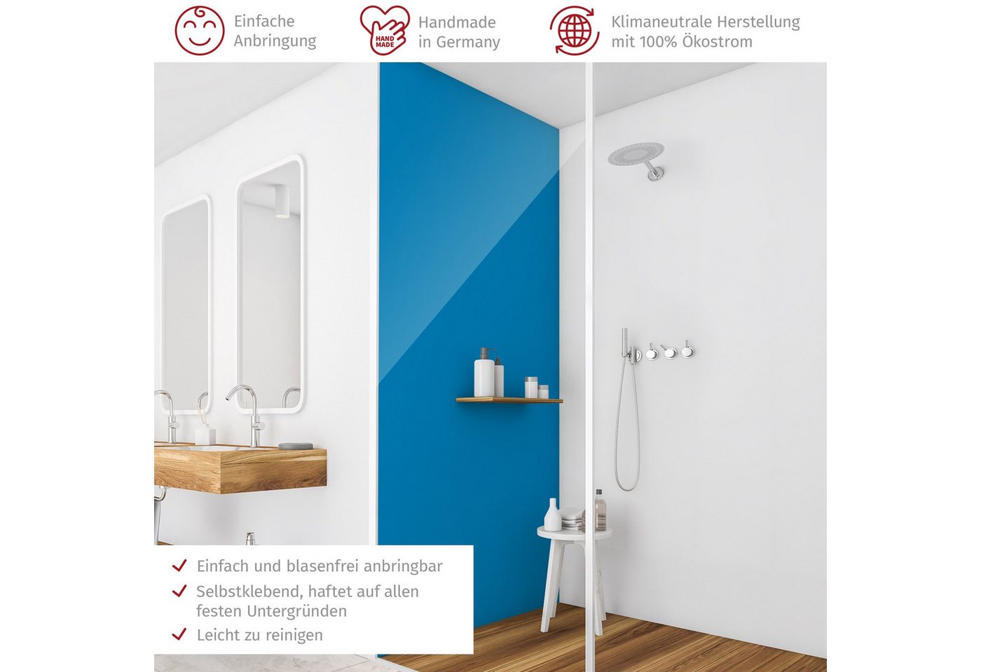 Thumbnail - Bilderdepot24 Badrückwand einfarbig blau Duschrückwand ohne Bohren Dusche, (1-tlg., Hart-Folie Premium matt 0,61 mm), fu...