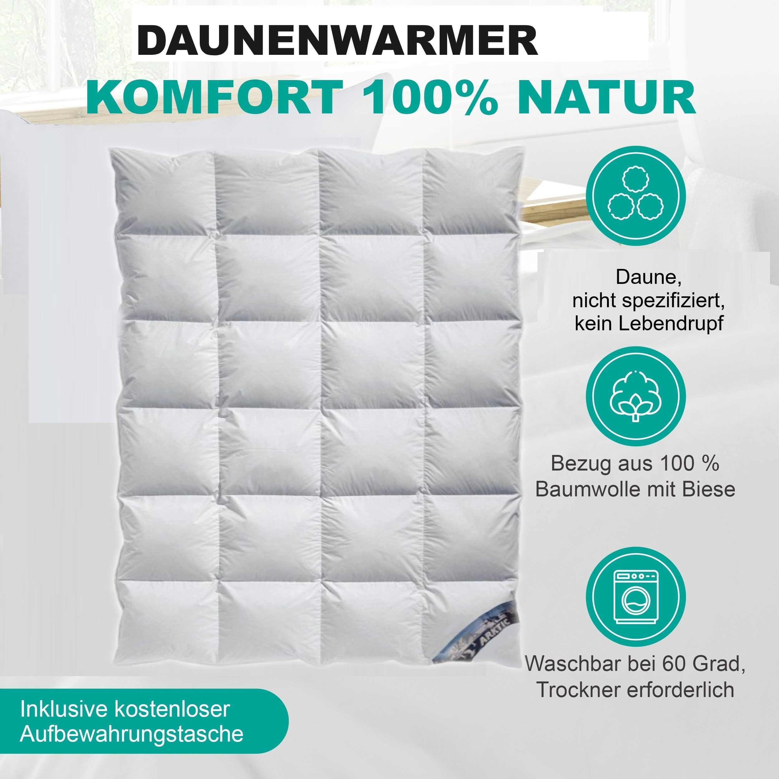 Arktic Daunenbettdecke Kassetten Daunendecke Winterdecke Plus, Füllung: Daune, nicht spezifiziert, Bezug: 100% Baumwolle, hergestellt in Deutschland, Lieferung direkt vom Bettenfachgeschäft