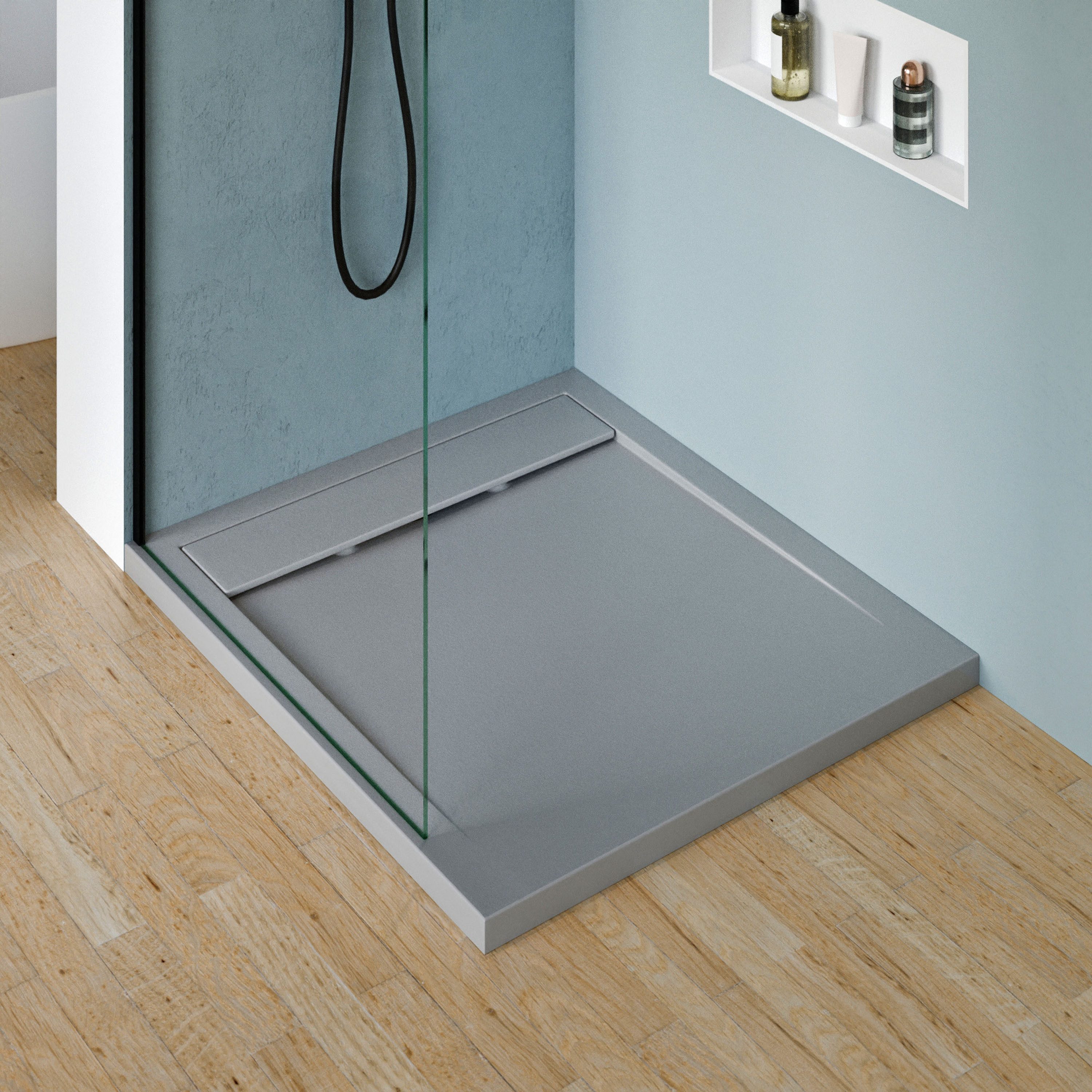 Bernstein Rechteckduschwanne New York, GFK mit Gel-Coat, Duschwanne 100x80cm Steinoptik Beton-Optik flach ohne Ablauf