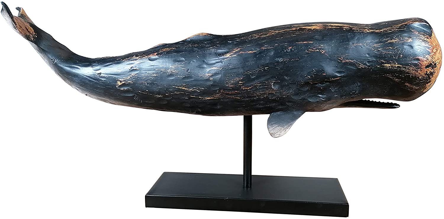 MichaelNoll Dekofigur Wal Dekofigur Statue Skulptur Standfuß Polyresin Modern - Maritime Deko für Wohnung in Holz-Optik Blau - Dekoration für Wohnzimmer, Schlafzimmer oder Badezimmer - XXL 77x17,5x38,5 cm