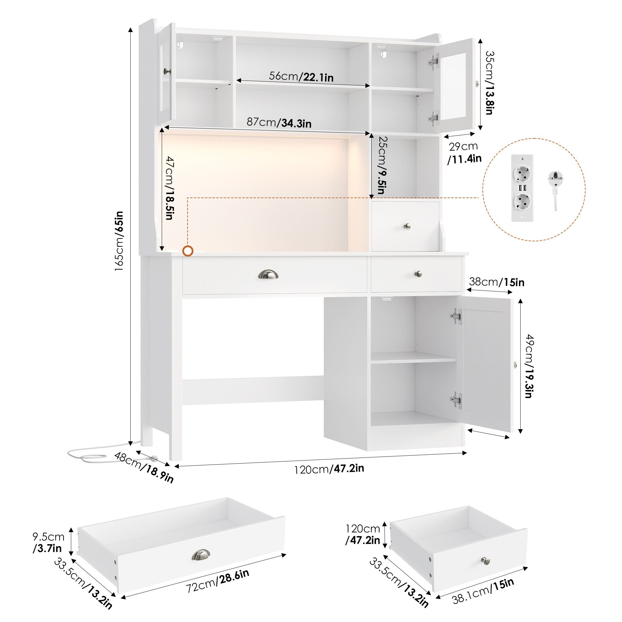 Homfa Schreibtisch mit LED, 2 Steckdosen und 2 USB, Schminktisch Computertisch Bürotisch weiß 165x120x48cm