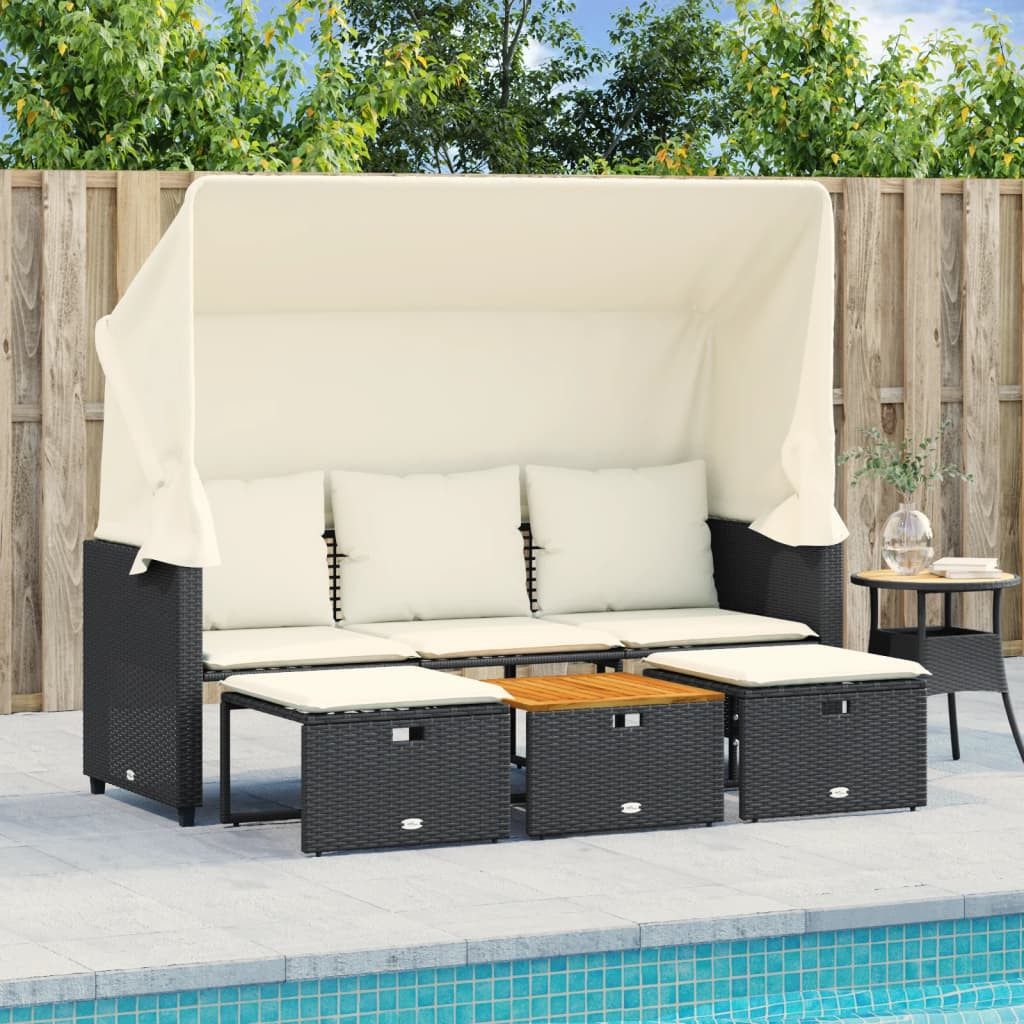 vidaXL Loungesofa Outdoor-Sofa 3-Sitzer mit Dach und Hockern Schwarz Poly-Rattan, 1 Teile