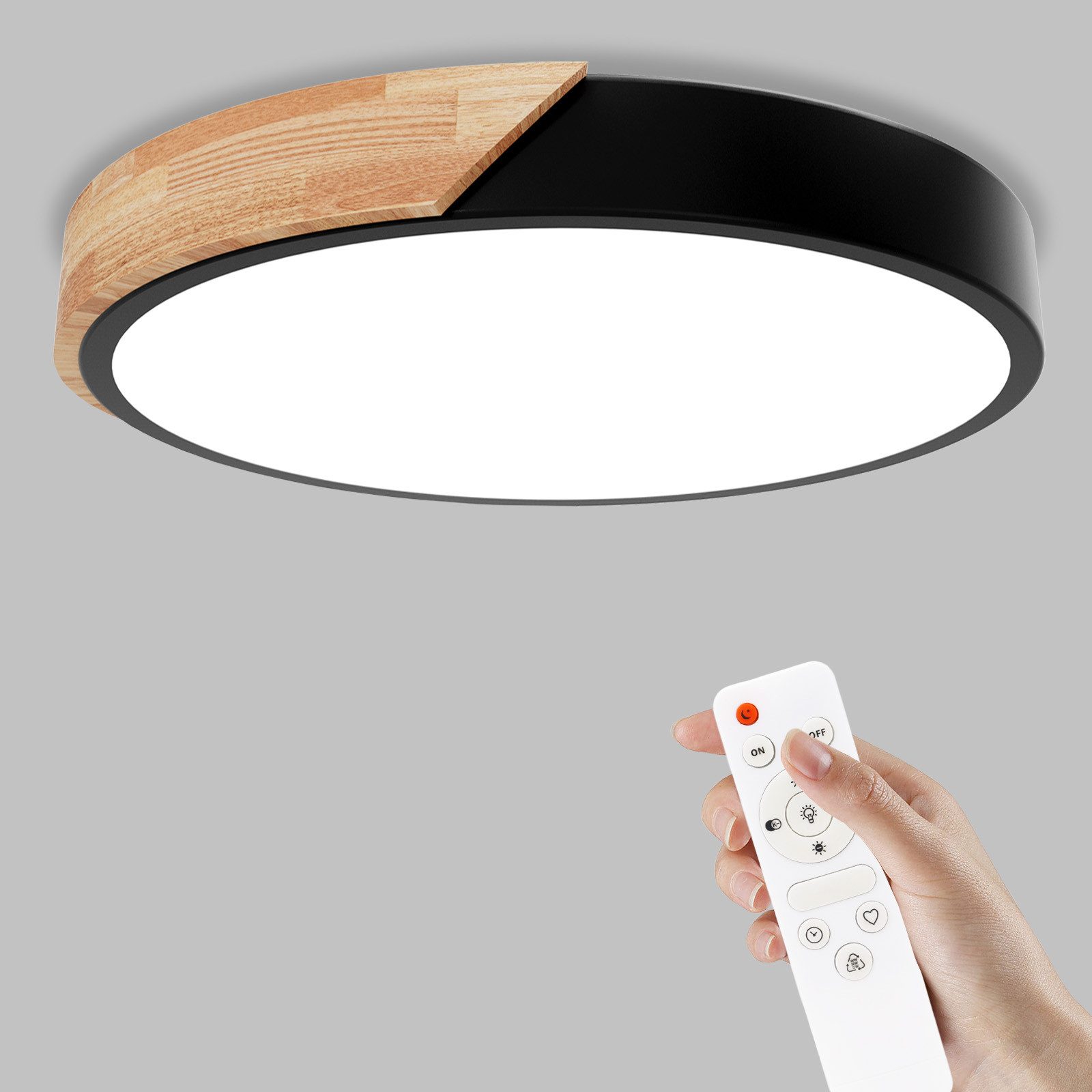 Ophy LED Deckenleuchte Moderne LED Deckenleuchte aus Holz, 32 W, fernsteuerbar, dimmbar (3000–6000 K), 30 cm – für Wohnzimmer & Flur