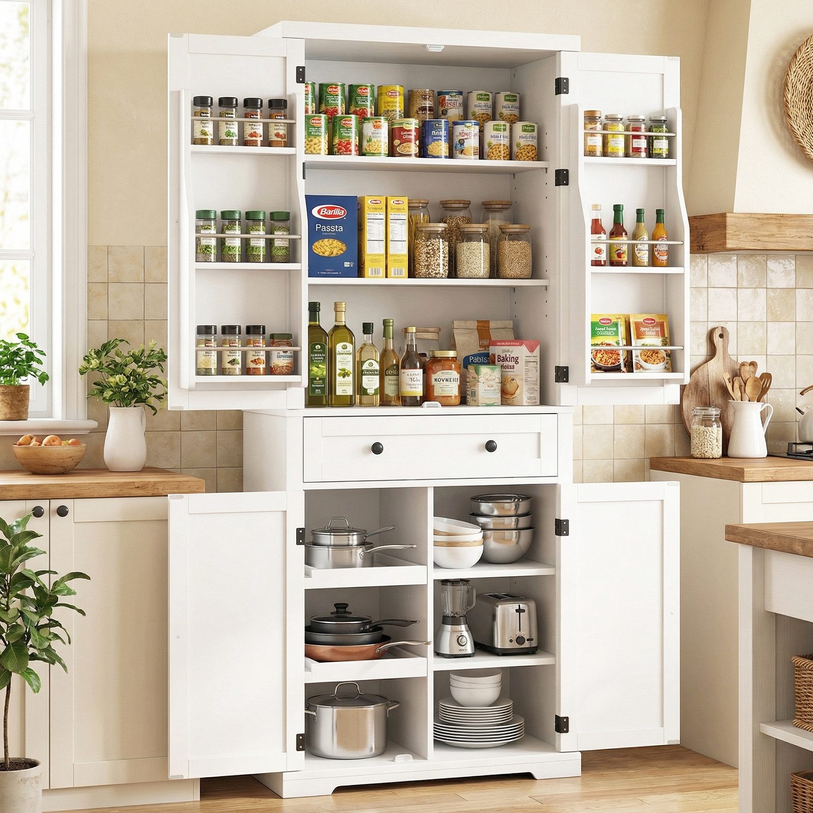 COSTWAY Vorratsschrank Küchenbuffet Hochschrank, mit Schiebetabletts, 184cm