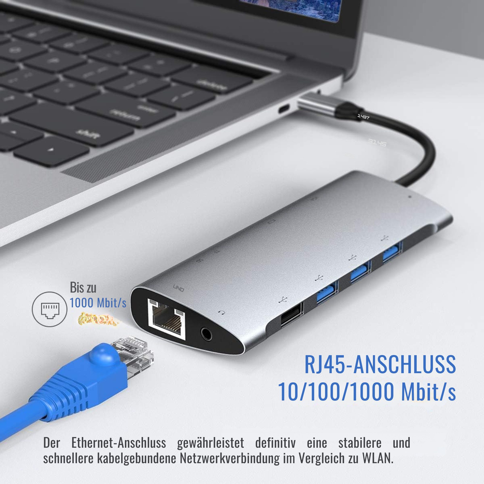 Vivitar 11-in-1-USB-C-Hub mit 4K-HDMI, VGA, 100-W-Stromversorgung, 3x USB 3.0 USB-Adapter USB-C zu USB-C, 14.9 cm, USB 2.0, RJ45 Gigabit-Ethernet, SD/TF-Kartenl – Bild 4 von 5