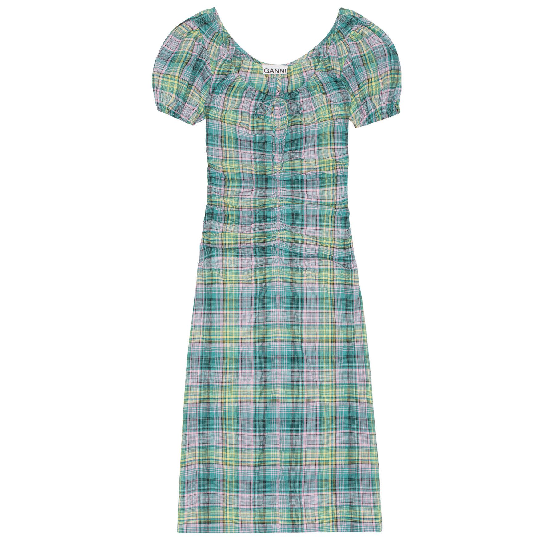 GANNI Jerseykleid GANNI Kleid SEERSUCKER CHECK GATHERED mit Baumwolle - Grün