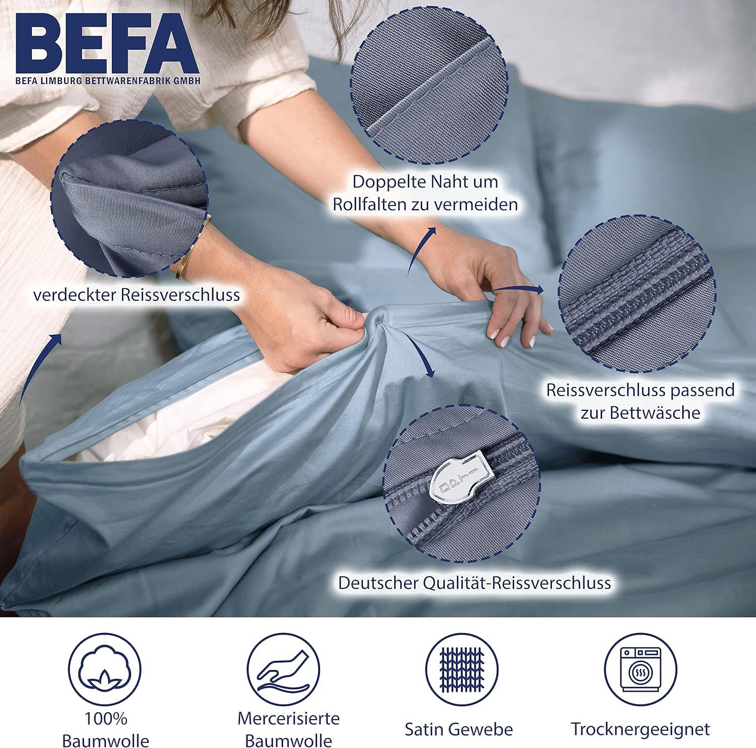 BEFA NATUR Bettwäsche Set aus Satin (Kissen+Decke) - Made in Germany, Bettwäsche Baumwolle, Satin, Allergiker geeignet - atmungsaktiv - mit verdecktem Reißverschluss