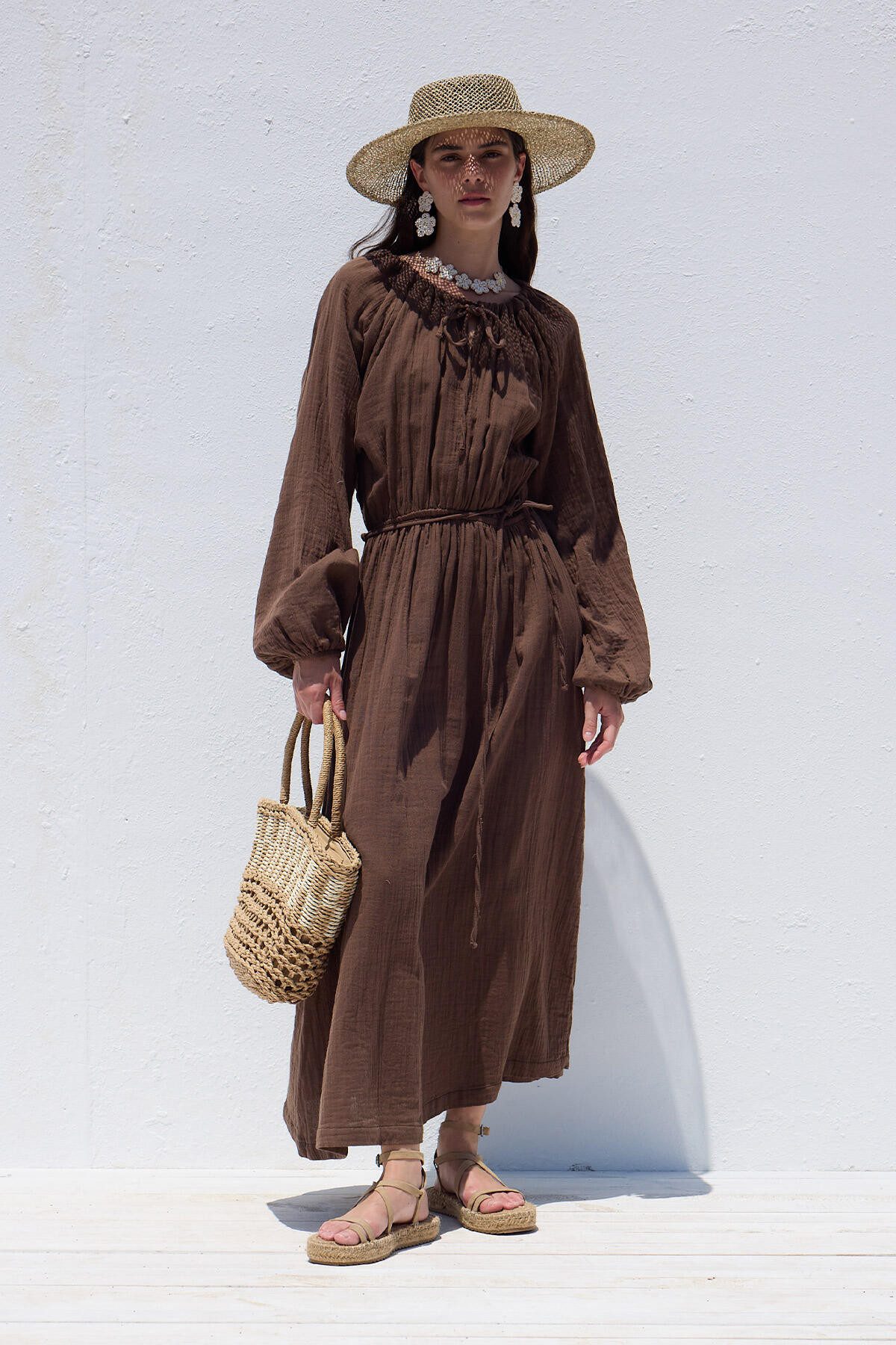 MANUKA Midikleid Braunes Muslin-Kleid mit Bindung