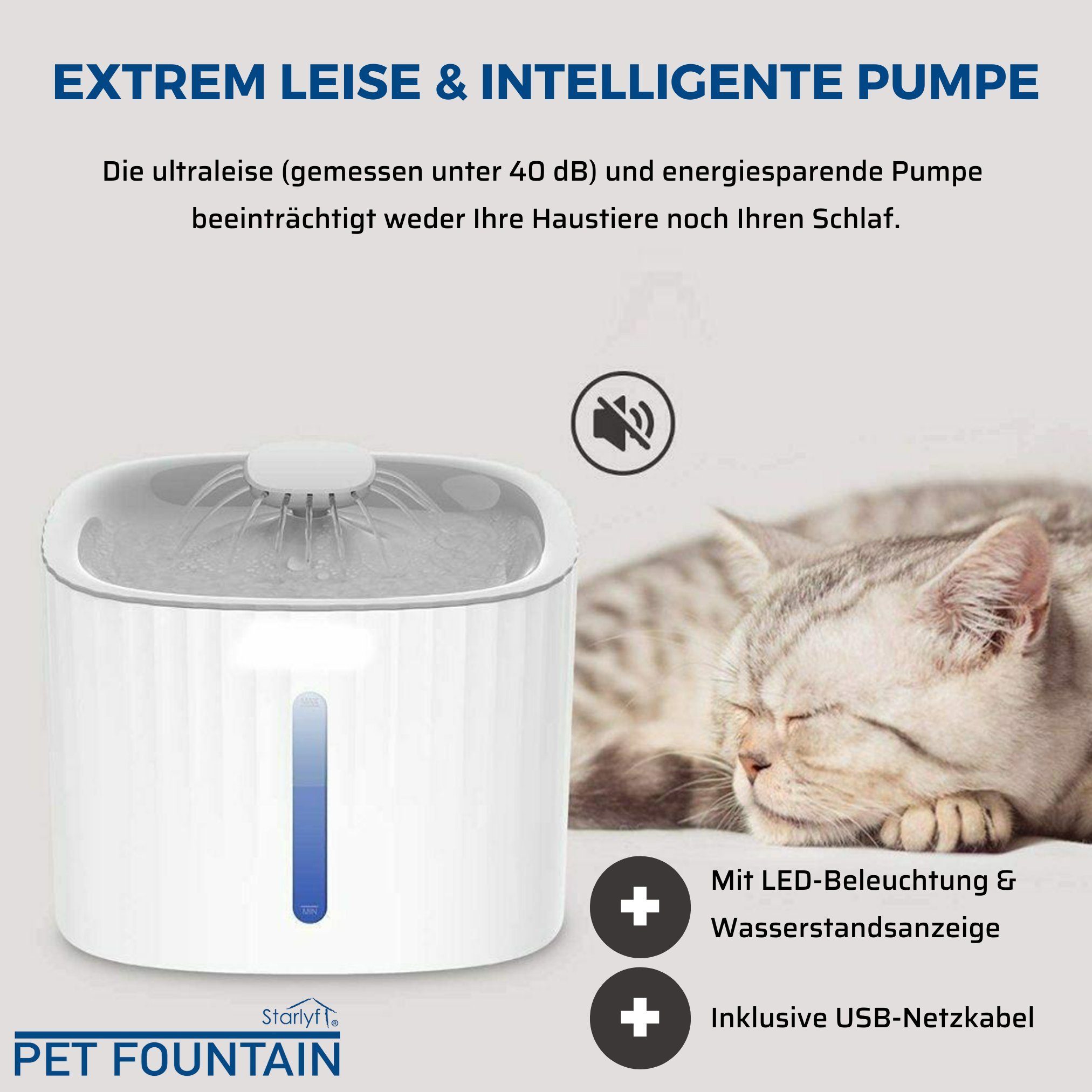 Starlyf Trinkbrunnen Pet Fountain 3 l, Brunnen für Katze und Hund, Wasserspender, leise und tragbar, LED, USB