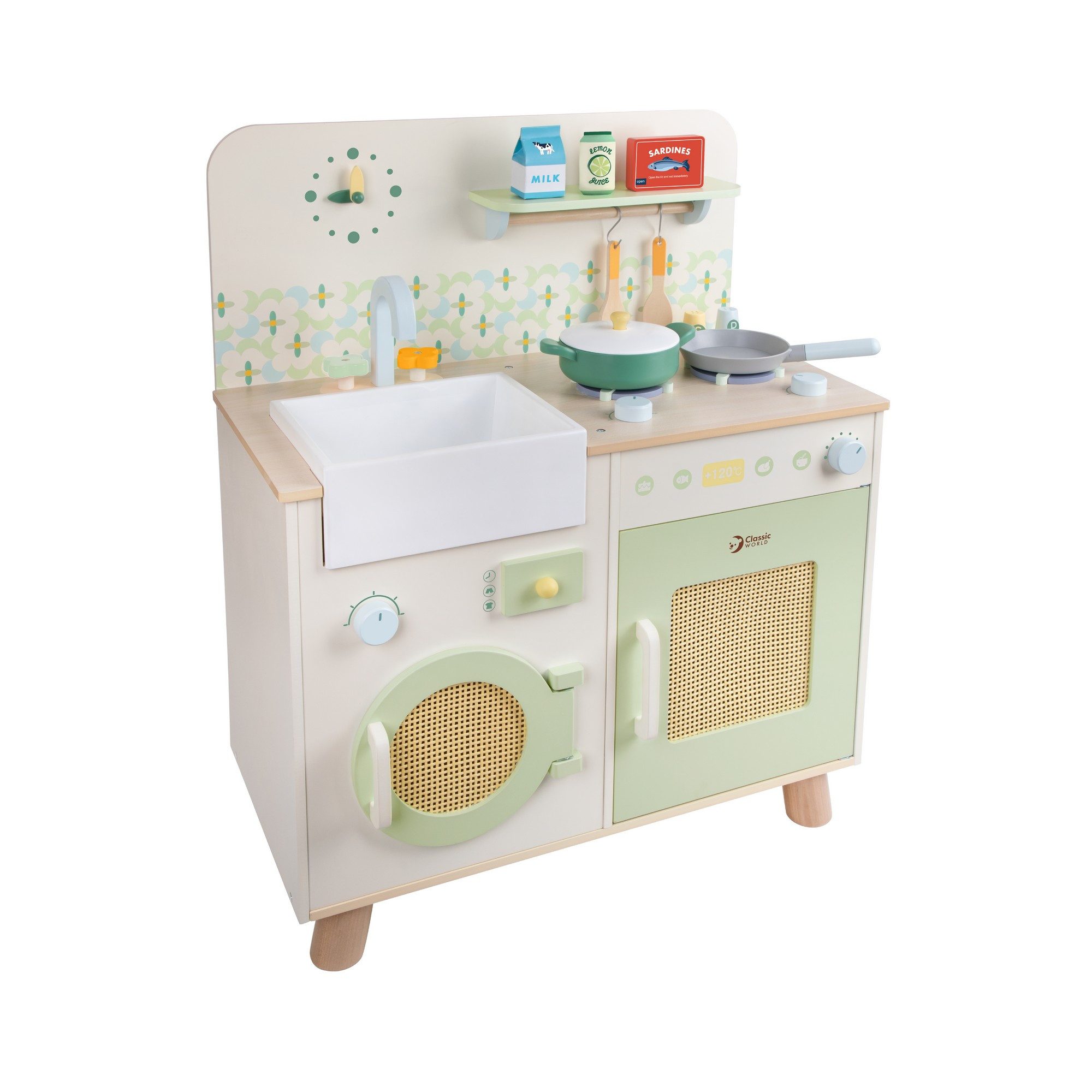 Classic World Spielküche Classic World - Küche Natur - 60x30x74,4cm - ab 3 Jahre MDF, Ahornholz, Schichtholz, Stoff, Draht, Kunststoff, aus Holz