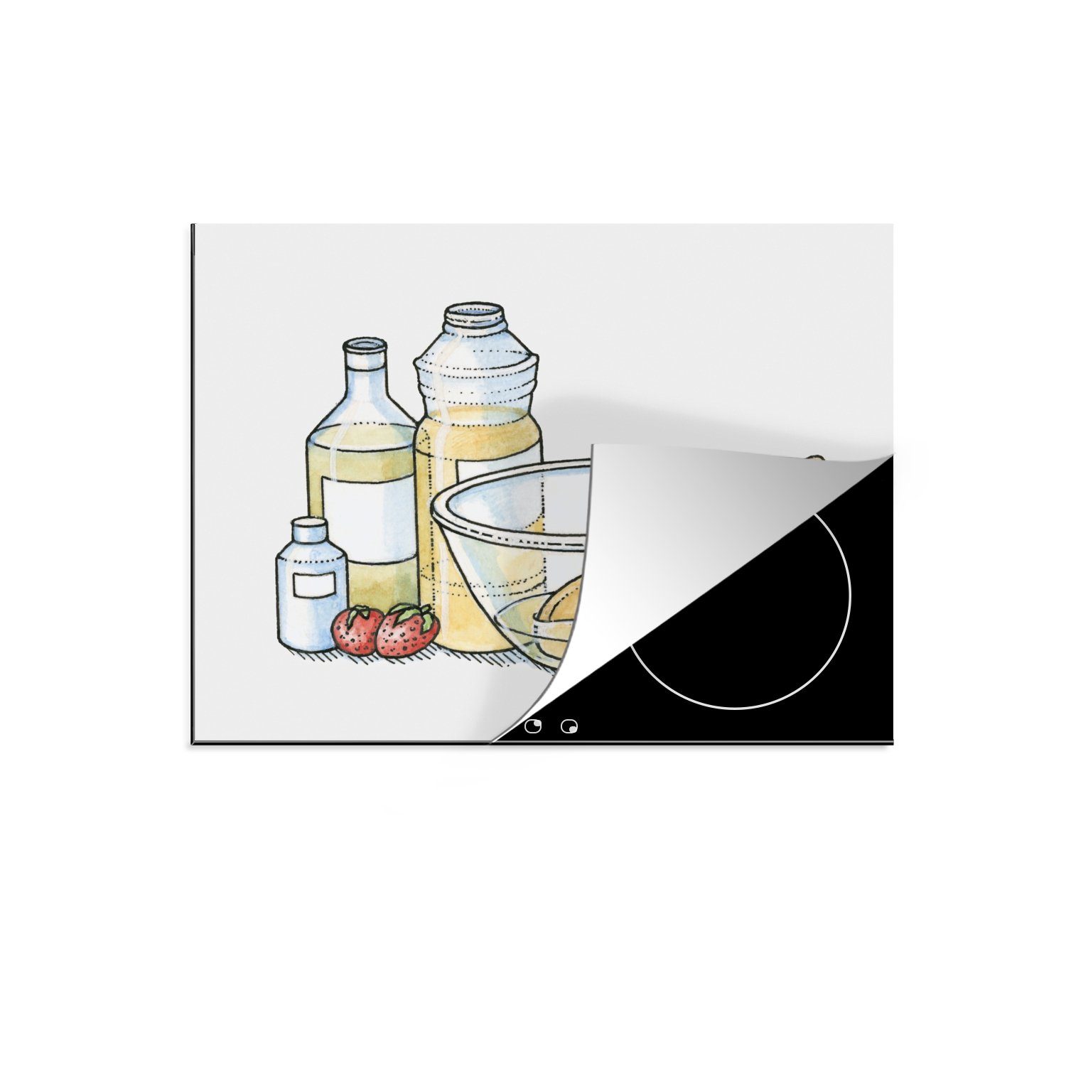 MuchoWow Herdblende-/Abdeckplatte Flaschen mit Olivenöl stehen neben einem Glasbehälter mit einer, Vinyl, (1 tlg), 60x52 cm, Mobile Arbeitsfläche nutzbar, Ceranfeldabdeckung