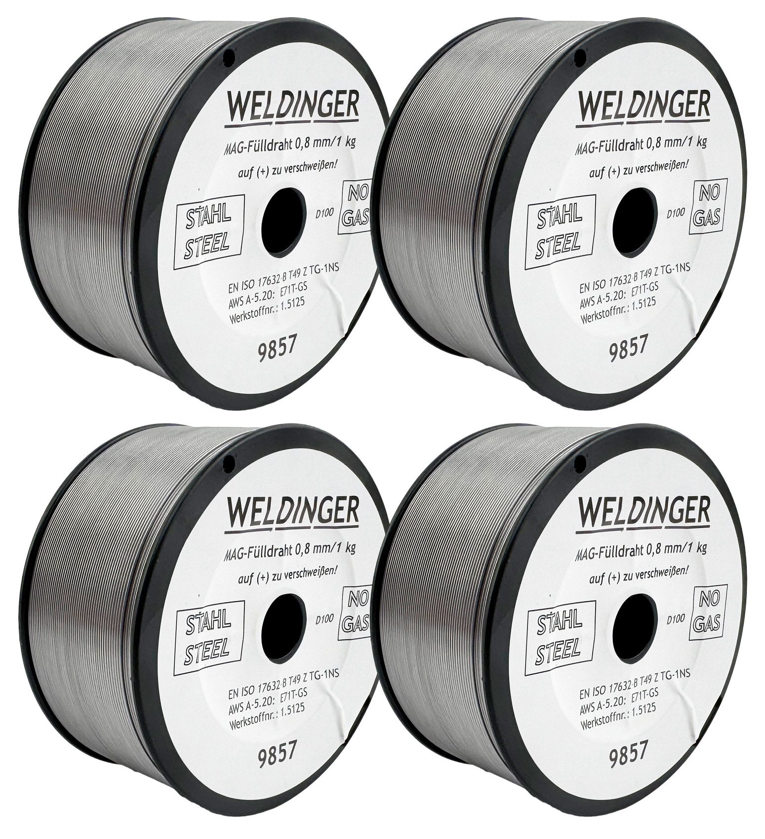 WELDINGER Schweißdraht 4 Rollen Fülldraht selbstschützend D100 0,8 mm 1 kg Baustahl NoGas, (4St), selbstschützend