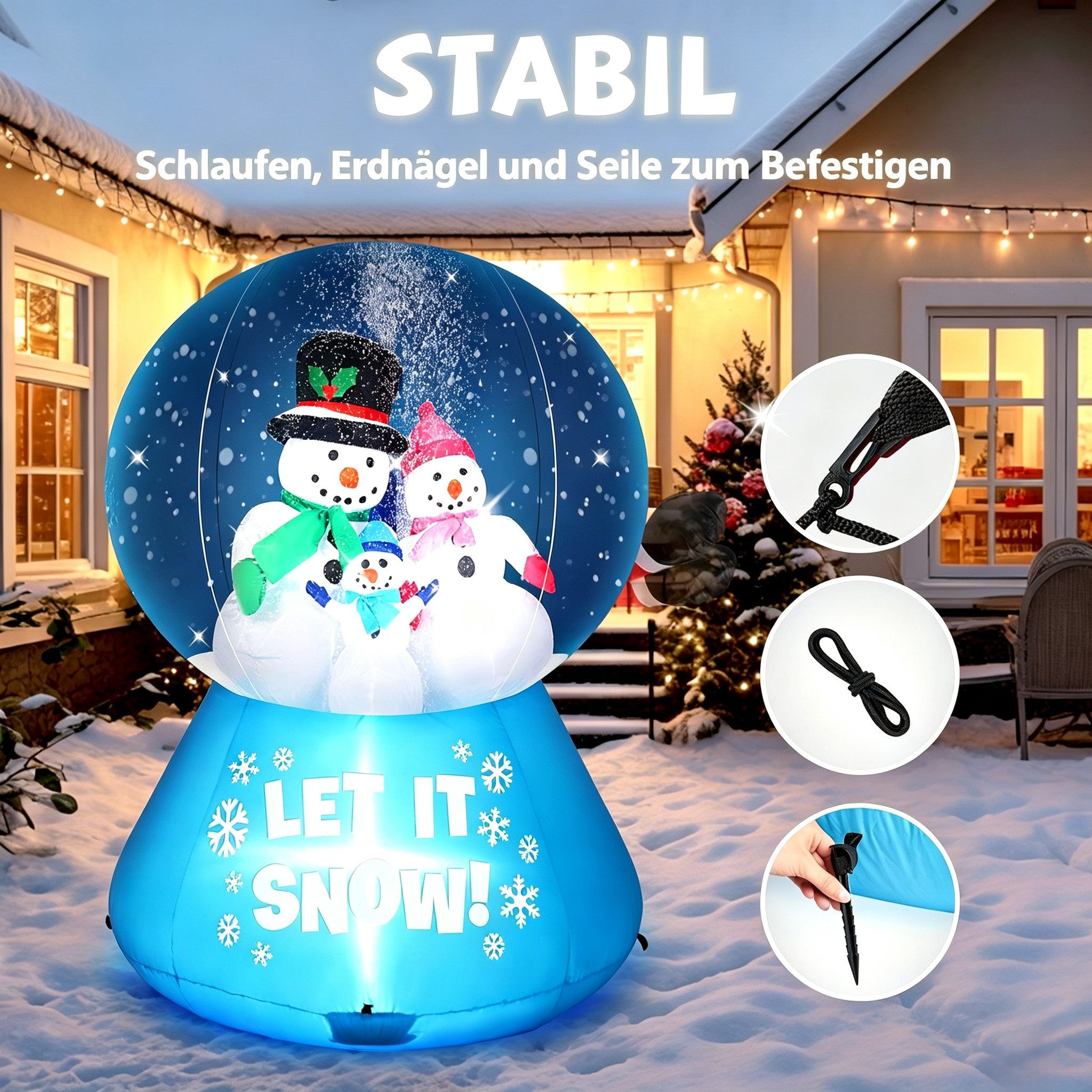 VINGLI Weihnachtsfigur Wetterfest, Weihnachtsdeko Aufblasbar für Innen & Außen, 180 cm Aufblasbarer Schneemann im Kristallball, Schnee-Effekt, 4 LEDs – Bild 3 von 5