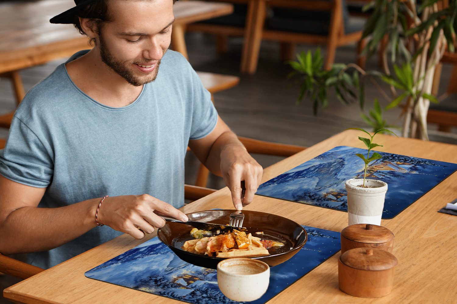 MuchoWow Platzset Winterabend - Weihnachtsdorf - Dunkelheit, (6-St), Platzsets, Tischset, Abwaschbar, Tischsets, Platzdeckchen – Bild 5 von 5