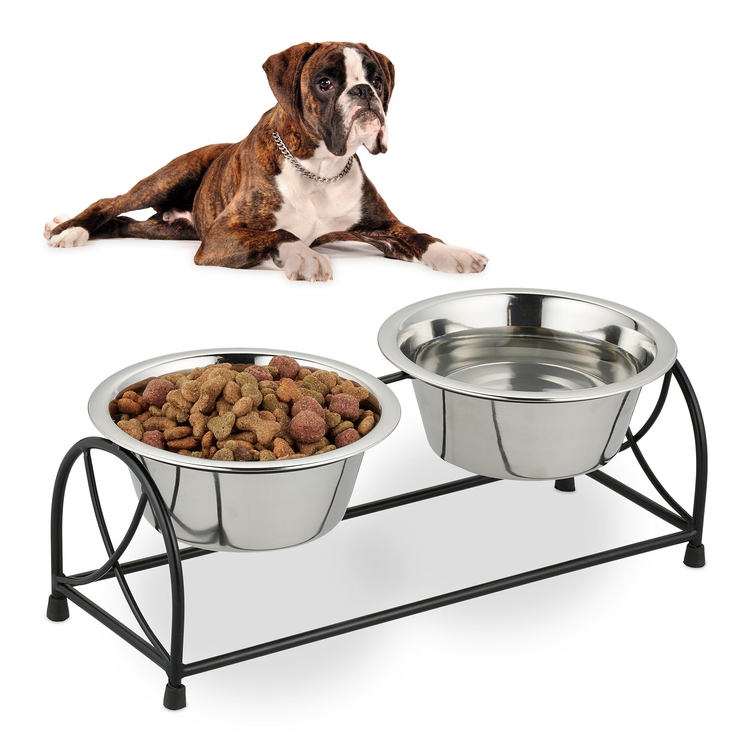 Relaxdays Hundefutterstation Erhöht - 2 Edelstahl Näpfe 750ml Mangoholz