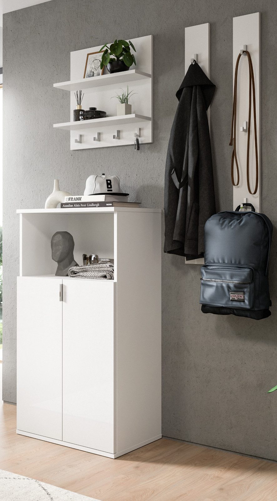 Inn.Furn Garderoben-Set SystemX, (in weiß Hochglanz, 4-St., Garderobenkombination 117 cm), mit Kommode und Schlüsselboard
