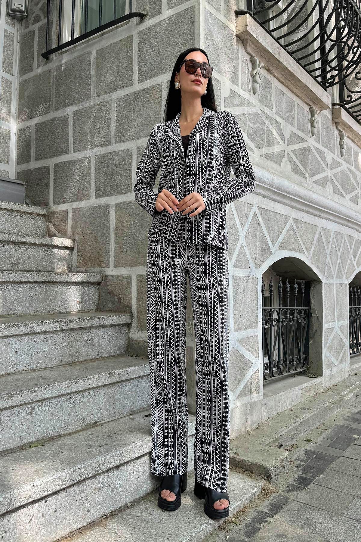 For You Moda Hosenanzug 3-teiliges Viskose gemustertes Bustier-Hosen-Set