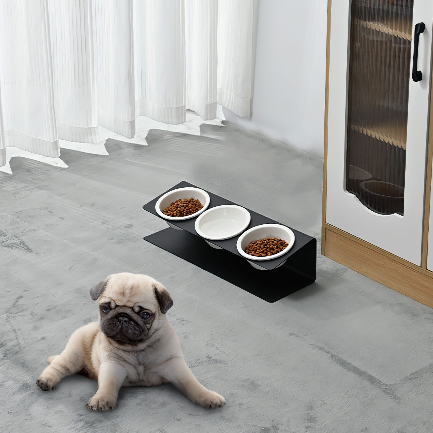 SURFOU Futternapf Katzennapf 3er Set Futternapf Katze aus Keramik mit Metall Ständer, 15°gekippte Futterstation Katzen Hundenapf Fressnapf und Wassernapf